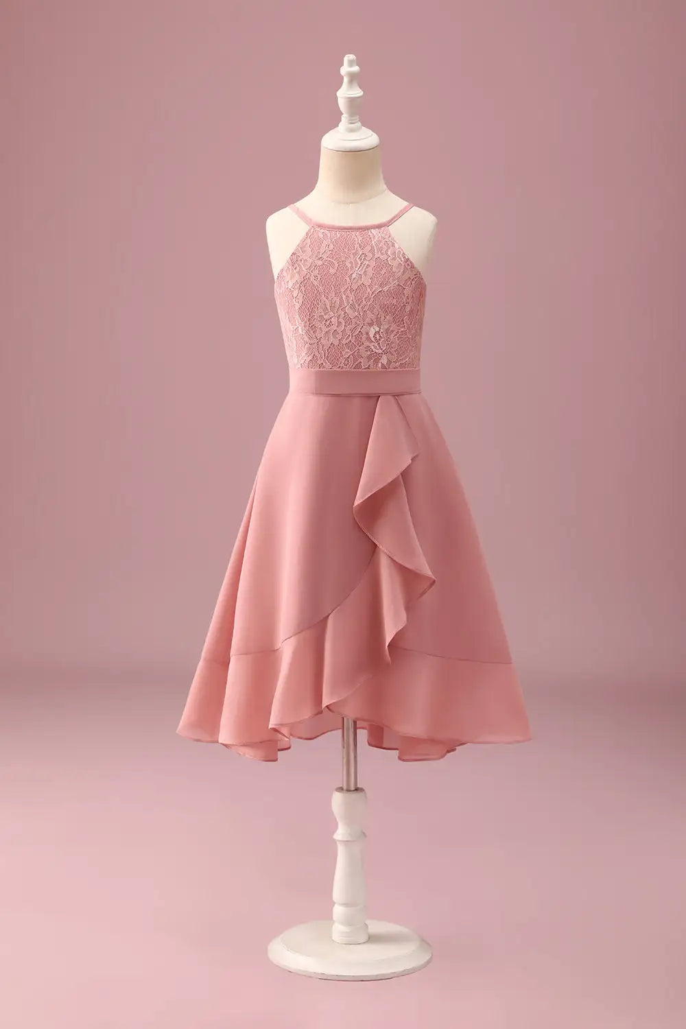 Junior Bridesmaid Dress A Line Halter Spaghetti Strap Lace Backless With Ruffles Exquisite Girl Formal Dress