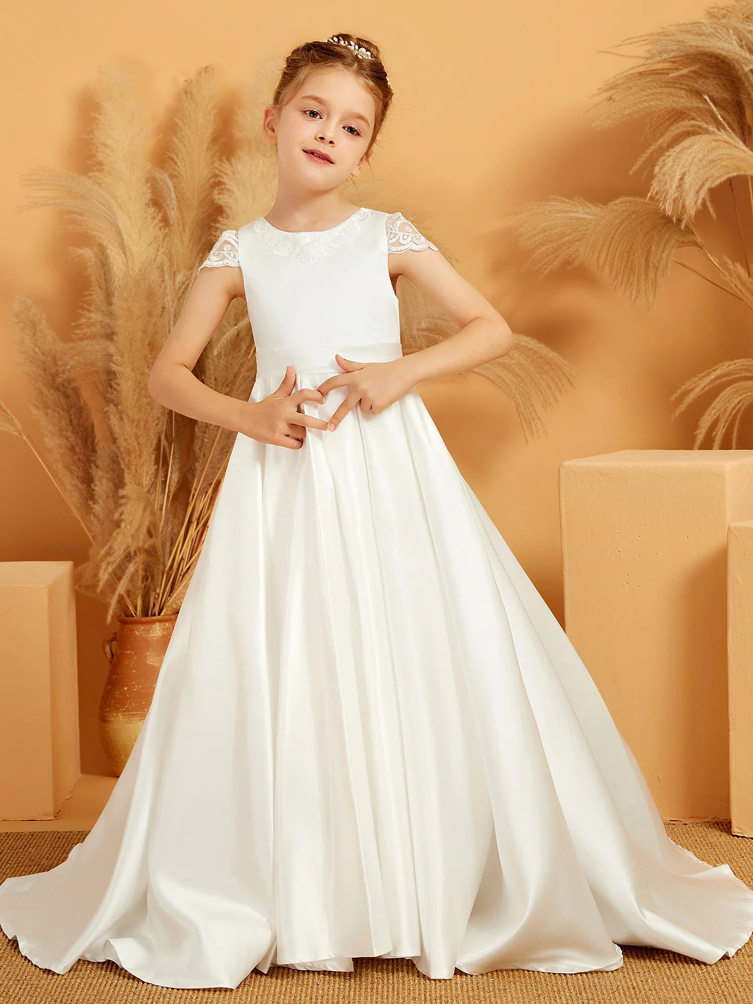 Lace Cap Sleeve Round Neck Lace Keyhole Back Big Bow White Satin Train Floor Length Flower Girl Dresses