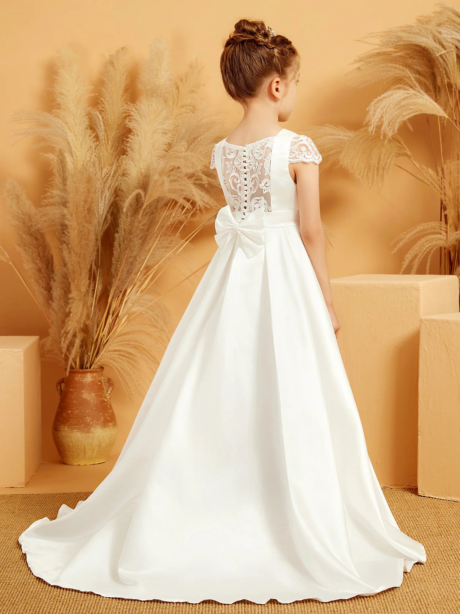 Lace Cap Sleeve Round Neck Lace Keyhole Back Big Bow White Satin Train Floor Length Flower Girl Dresses