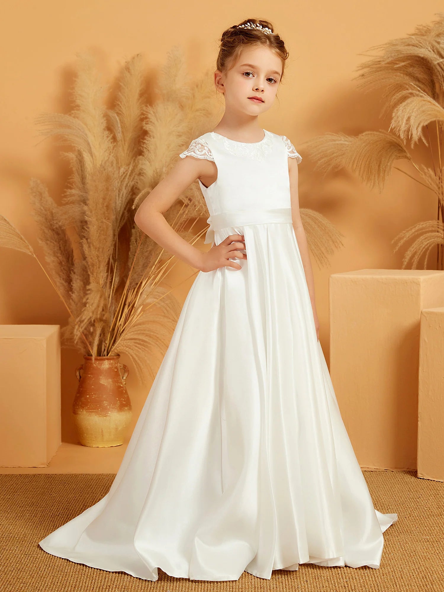 Lace Cap Sleeve Round Neck Lace Keyhole Back Big Bow White Satin Train Floor Length Flower Girl Dresses