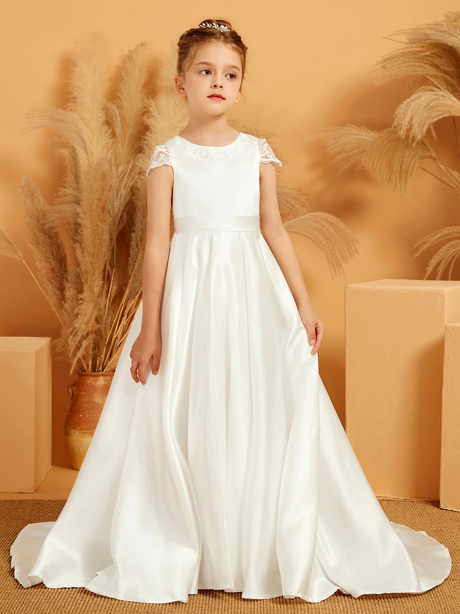 Lace Cap Sleeve Round Neck Lace Keyhole Back Big Bow White Satin Train Floor Length Flower Girl Dresses