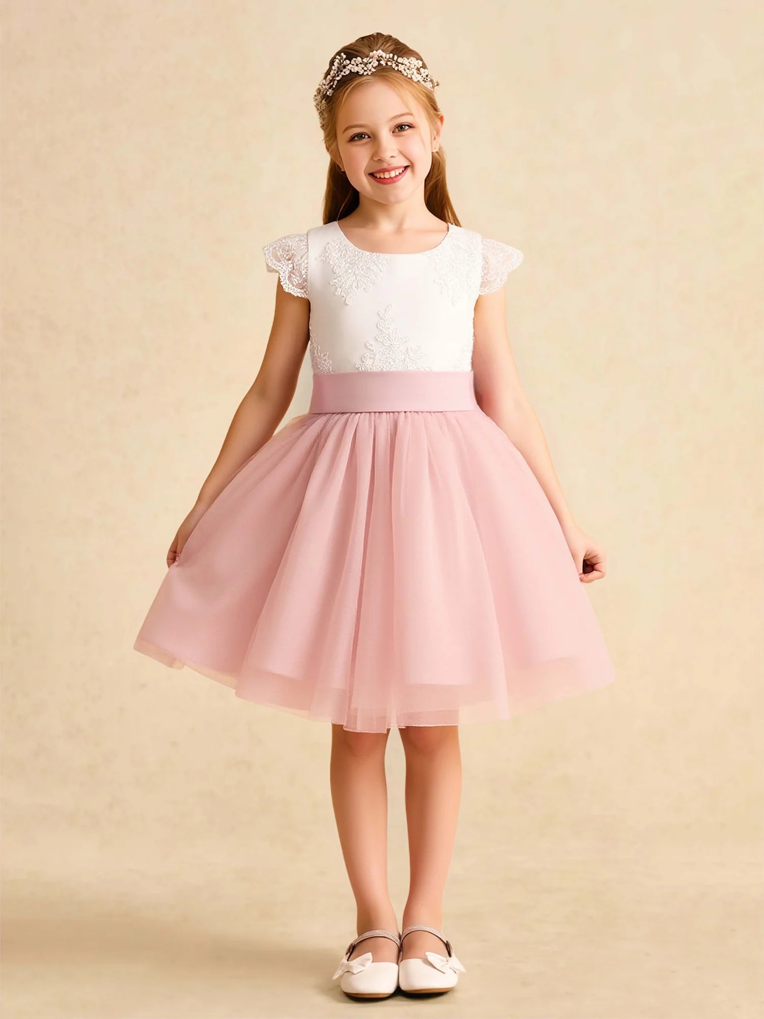 Lace Cap Sleeve Round Waist Sash Big Back Bow Pink Tulle Short Flower Girl Dresses