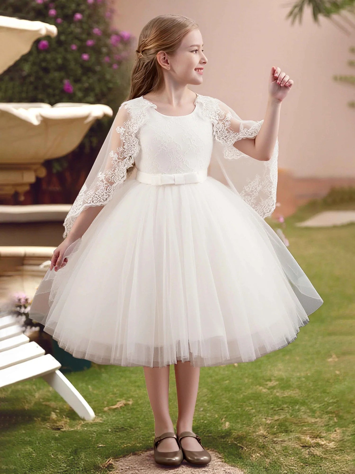 Lace Cape Sleeve Round Solid Back Sash Bow White Tulle Short Flower Girl Dresses