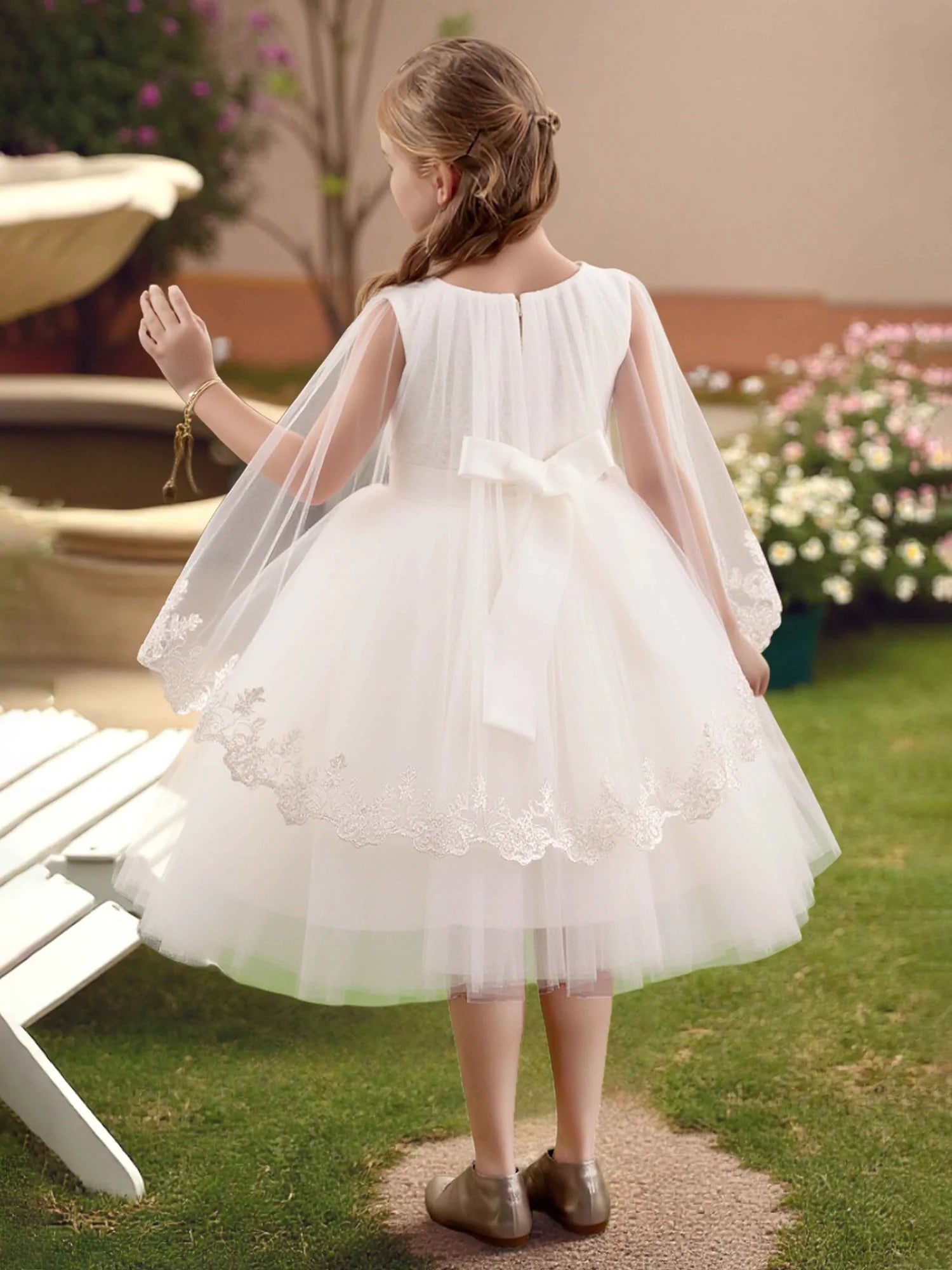 Lace Cape Sleeve Round Solid Back Sash Bow White Tulle Short Flower Girl Dresses