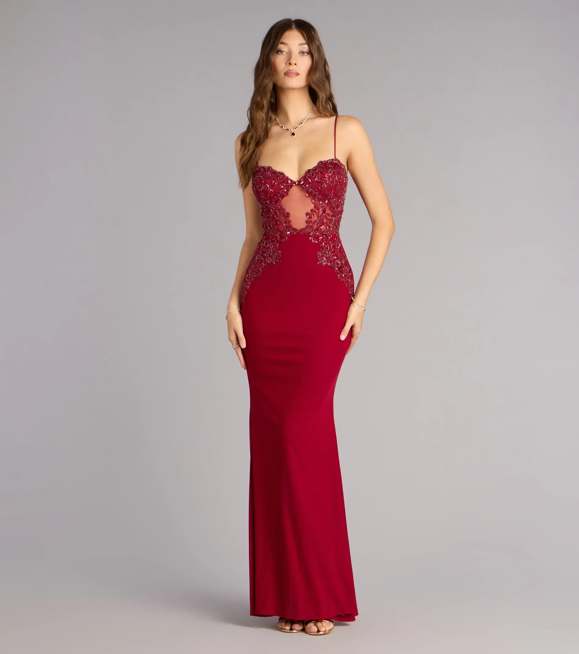 Lace-Corset Mermaid Sweetheart Spaghetti Zip-Back Maxi Wedding Guest Dress