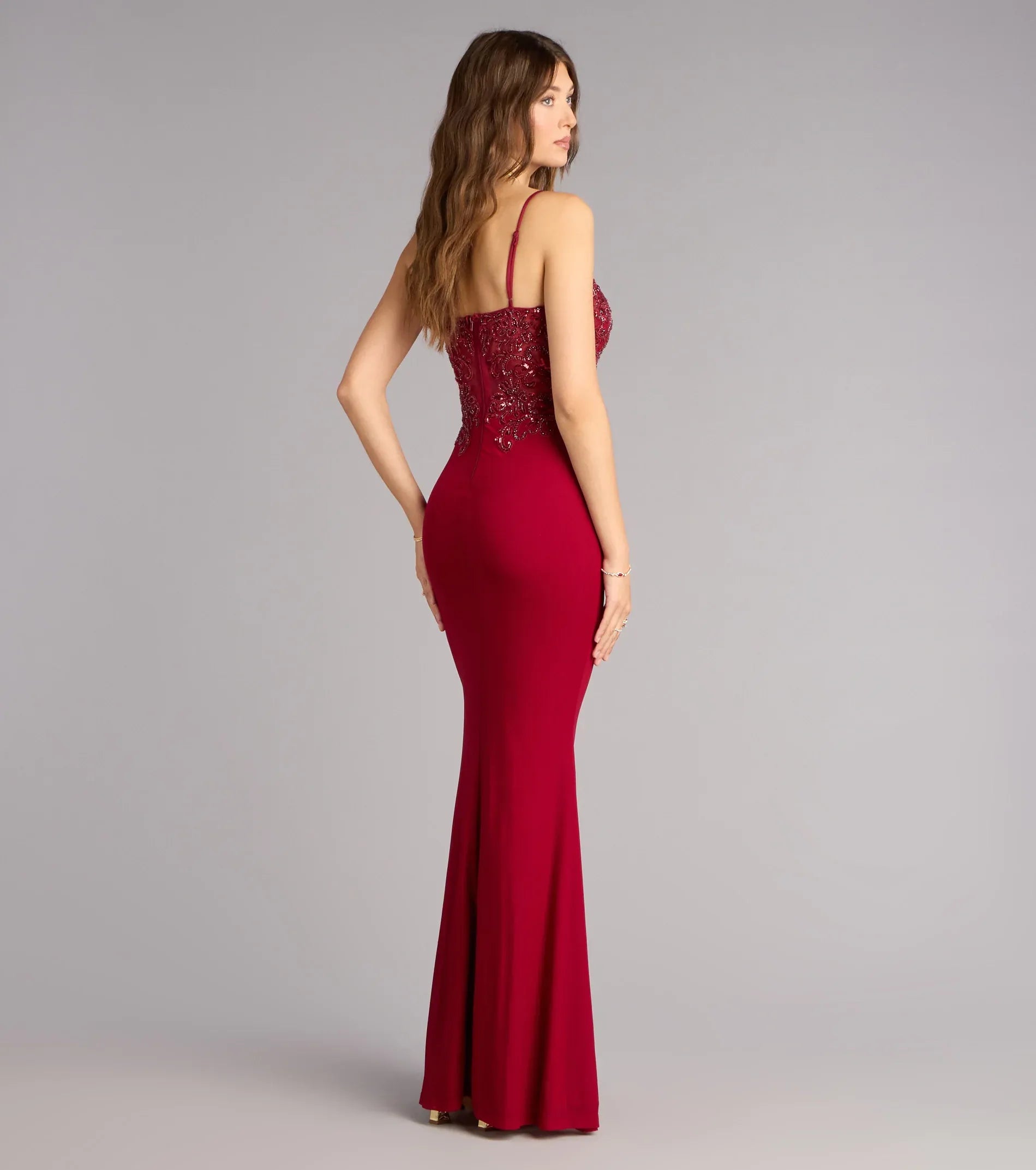 Lace-Corset Mermaid Sweetheart Spaghetti Zip-Back Maxi Wedding Guest Dress