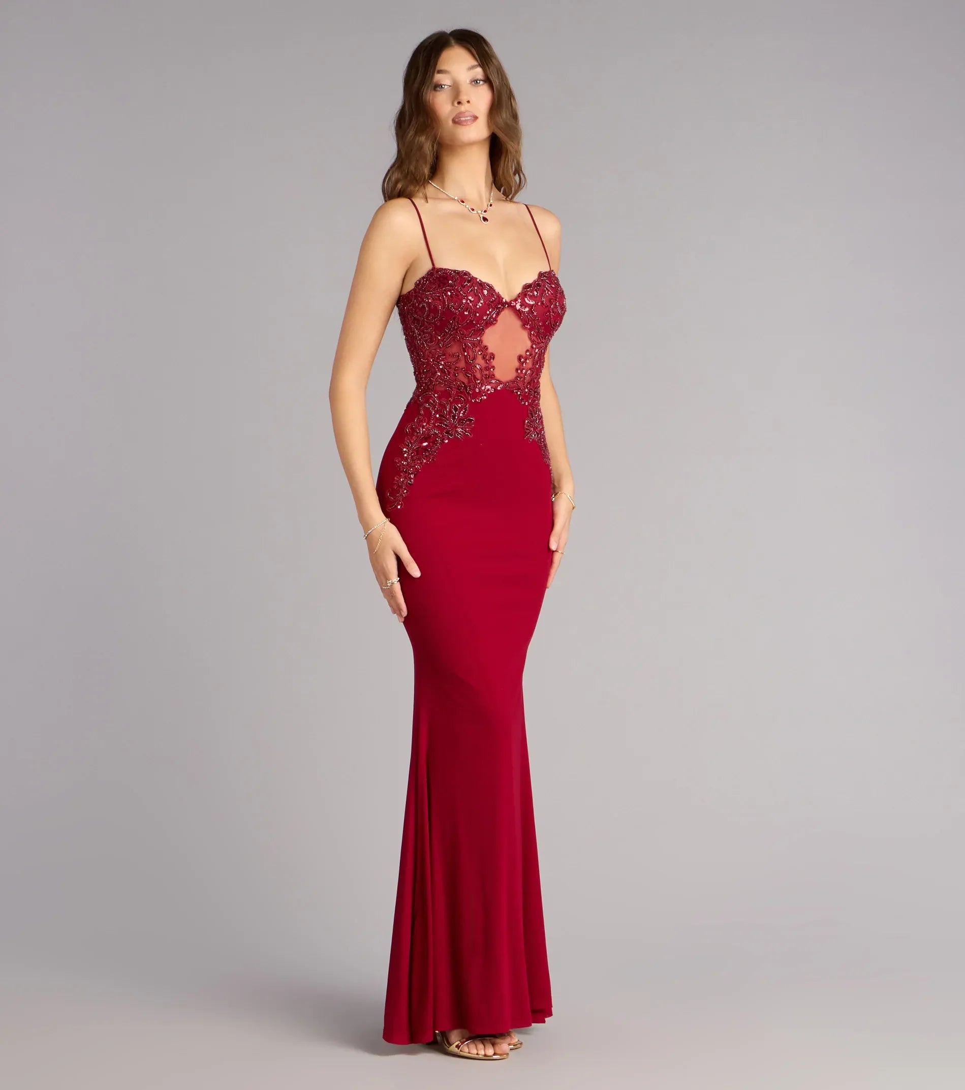 Lace-Corset Mermaid Sweetheart Spaghetti Zip-Back Maxi Wedding Guest Dress