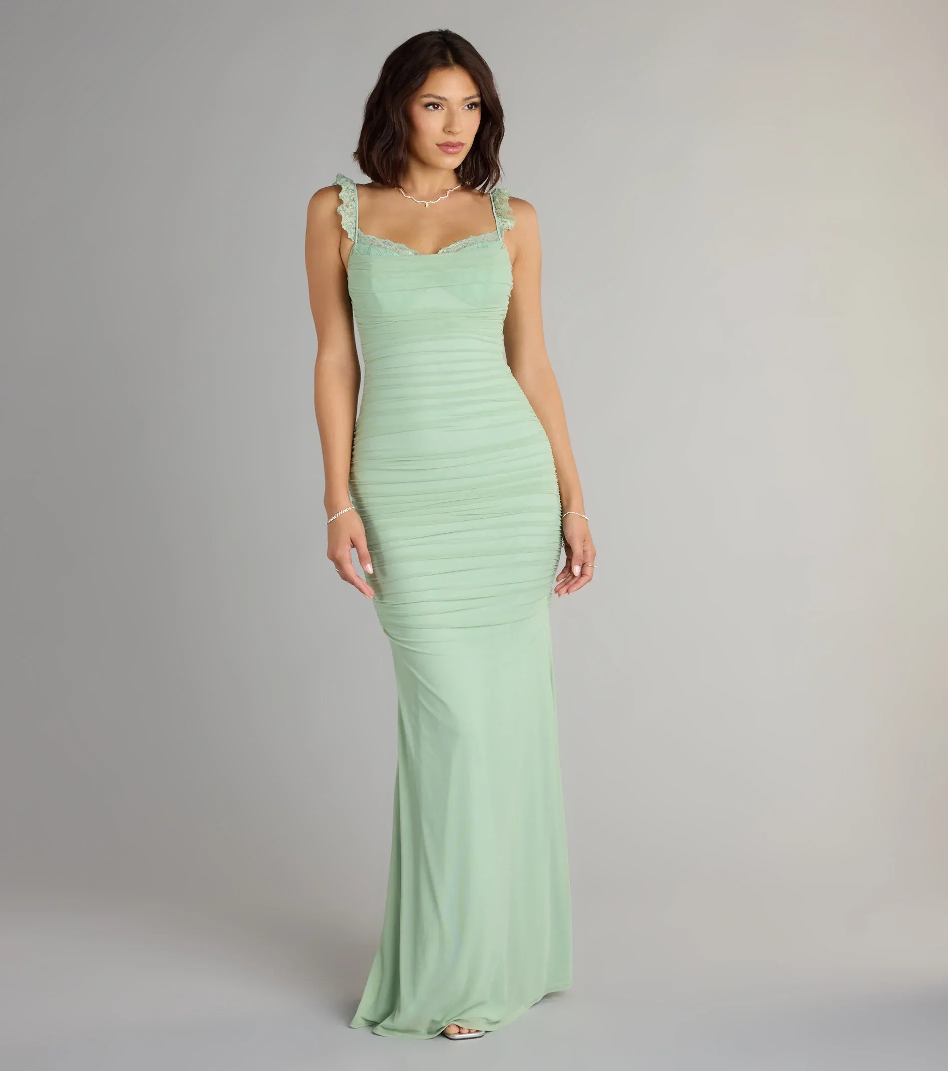Lace Ruffle Spaghetti Square Neck Full Ruched Crisscross Lace Up Back Sage Mesh Mermaid Maxi Wedding Guest Dress