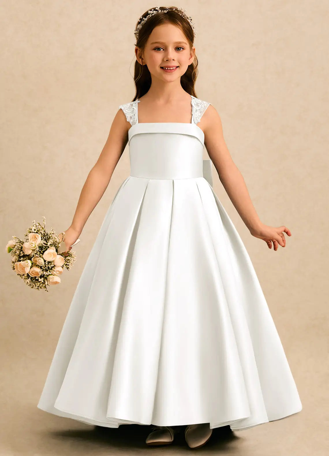 Lace Strap Square Neck White Satin Train Full-Length Flower Girl Dresses with Back Bow