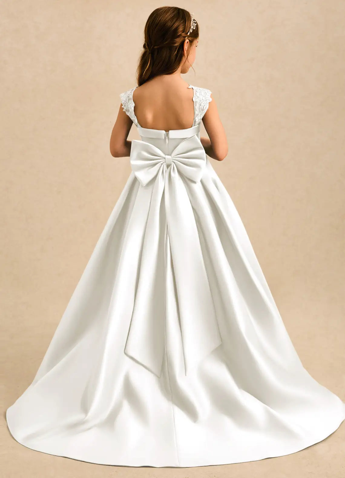 Lace Strap Square Neck White Satin Train Full-Length Flower Girl Dresses with Back Bow