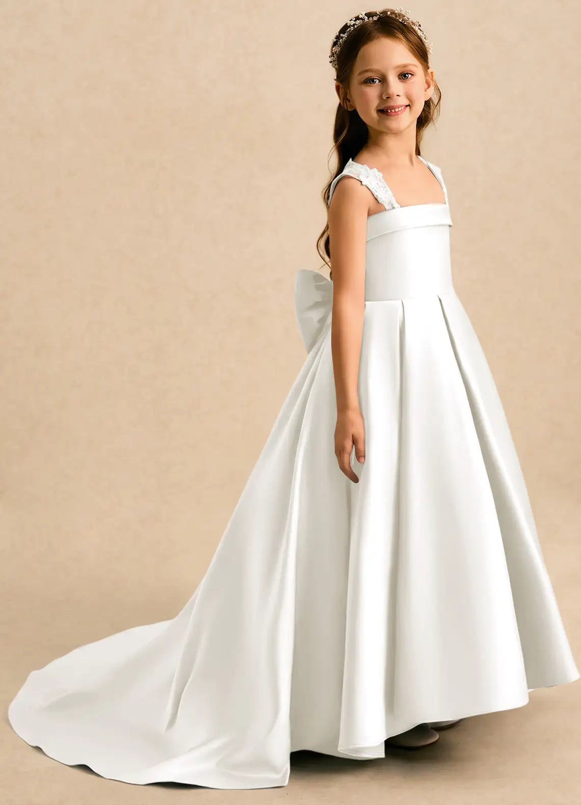 Lace Strap Square Neck White Satin Train Full-Length Flower Girl Dresses with Back Bow