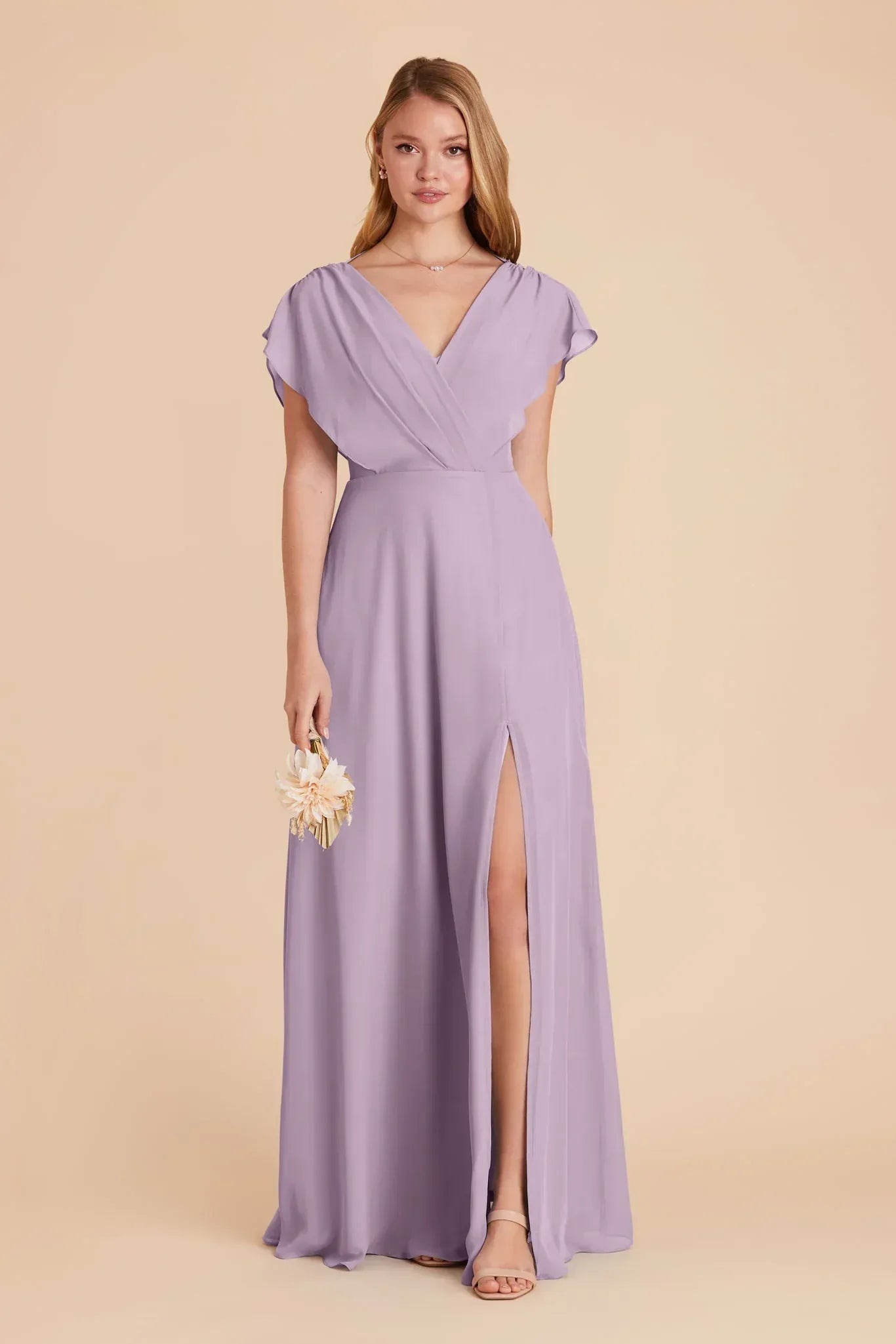 Lavender A-Line V-Neck Flutter Sleeve Tie-Back Slit Floor-Length Bridesmaid Dress