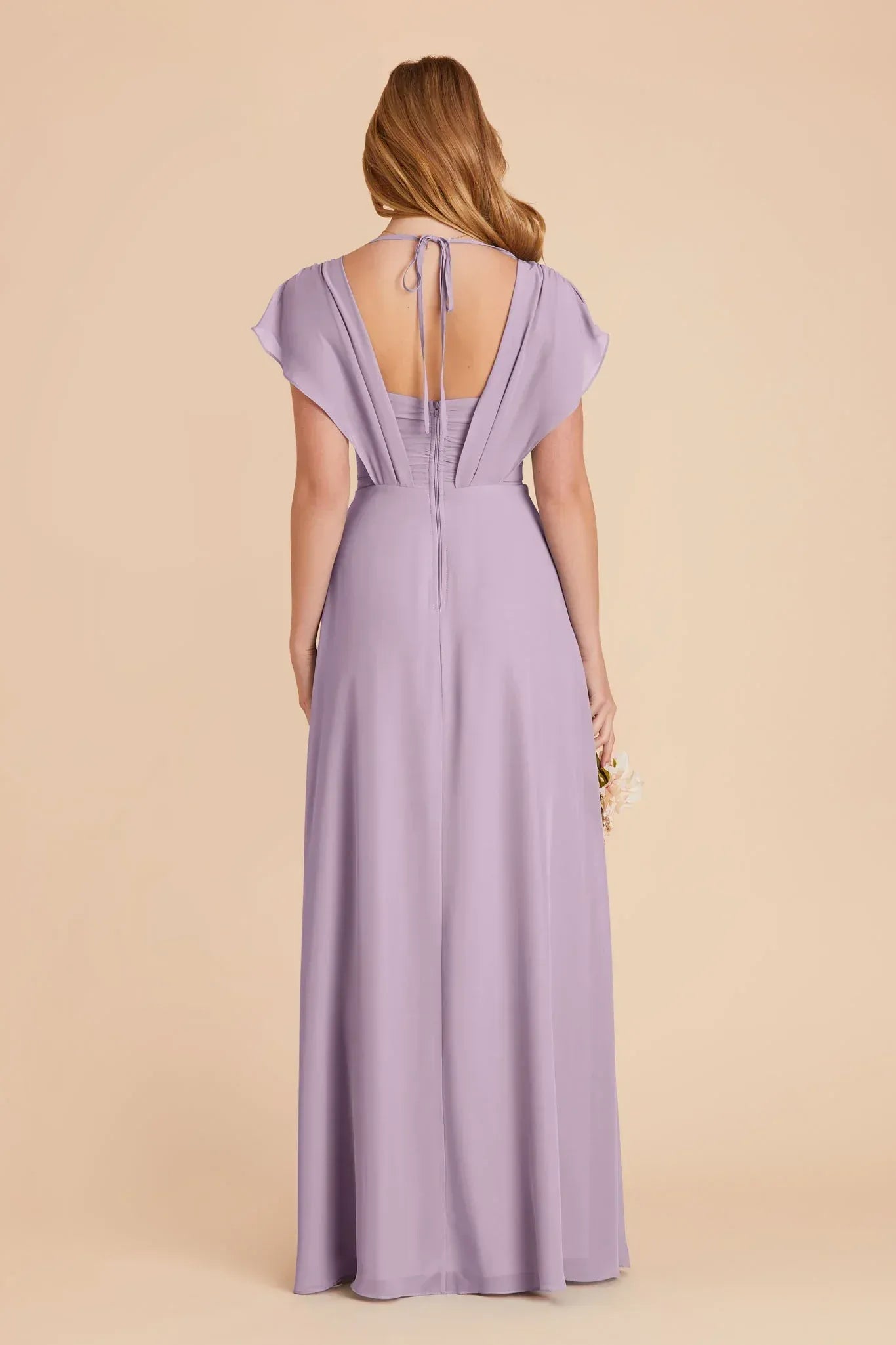 Lavender A-Line V-Neck Flutter Sleeve Tie-Back Slit Floor-Length Bridesmaid Dress