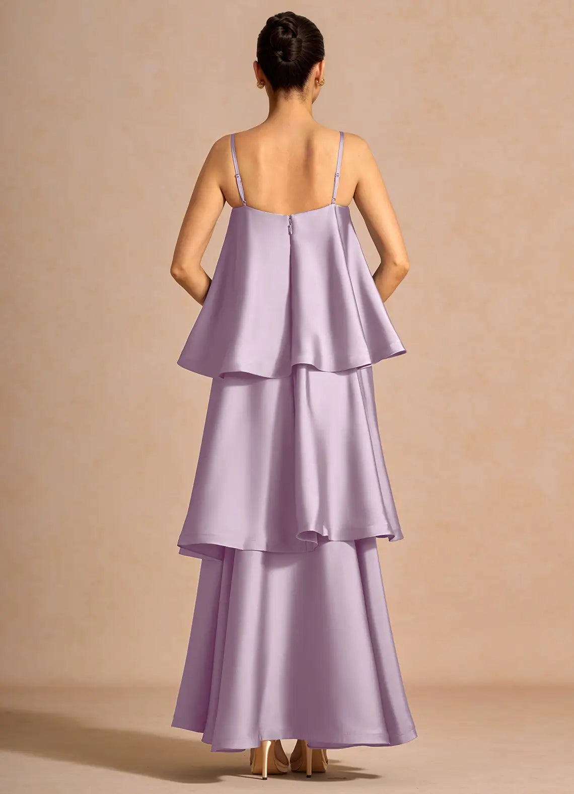 Lavender Floor-Length Spaghetti-Strap Three-Tier Ruffle Satin Wedding Guest Dress