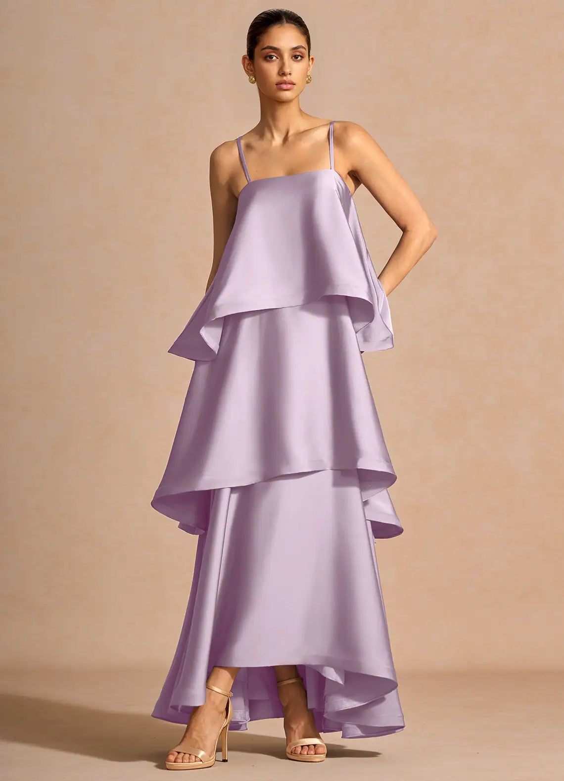 Lavender Floor-Length Spaghetti-Strap Three-Tier Ruffle Satin Wedding Guest Dress