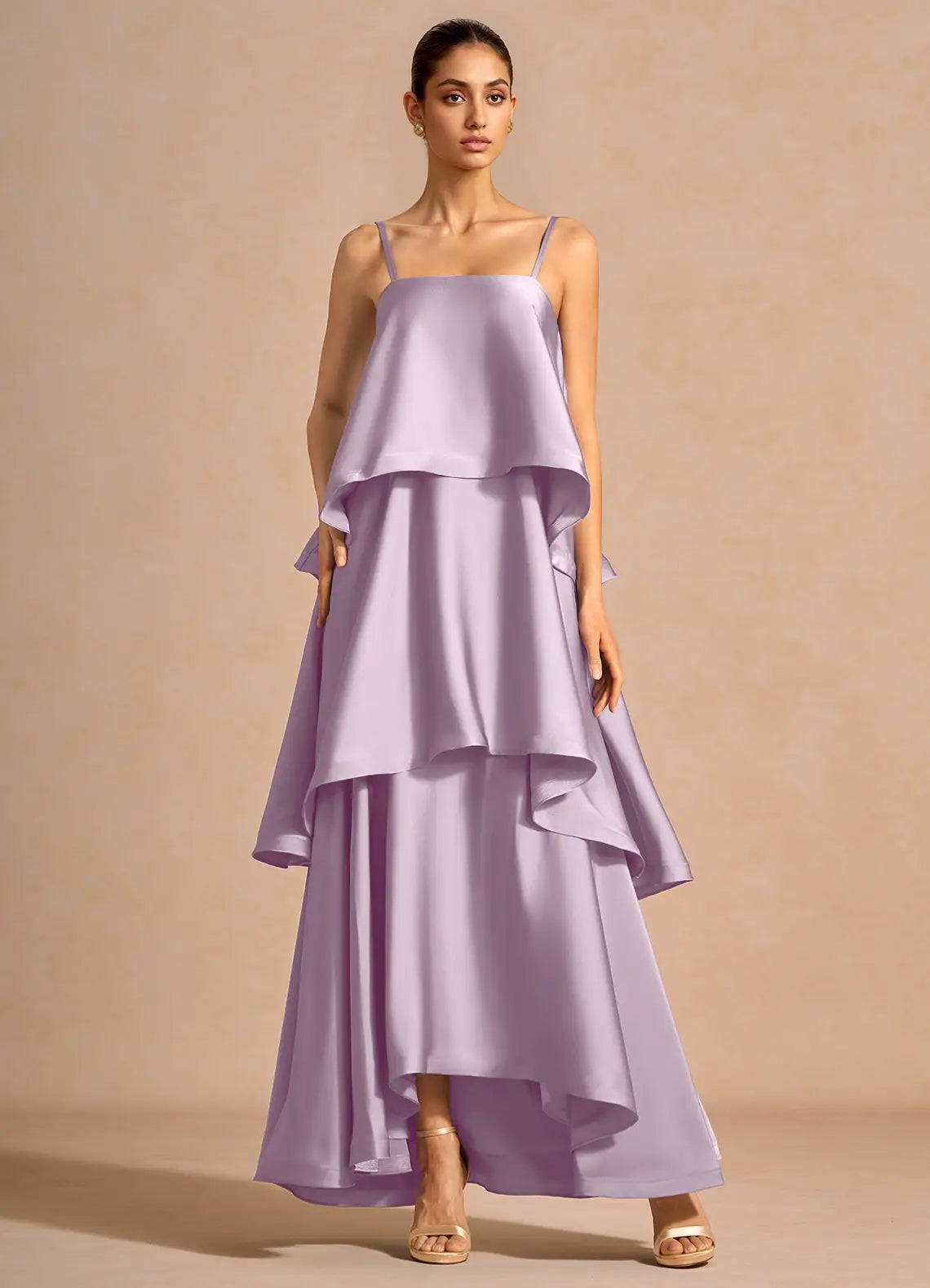 Lavender Floor-Length Spaghetti-Strap Three-Tier Ruffle Satin Wedding Guest Dress