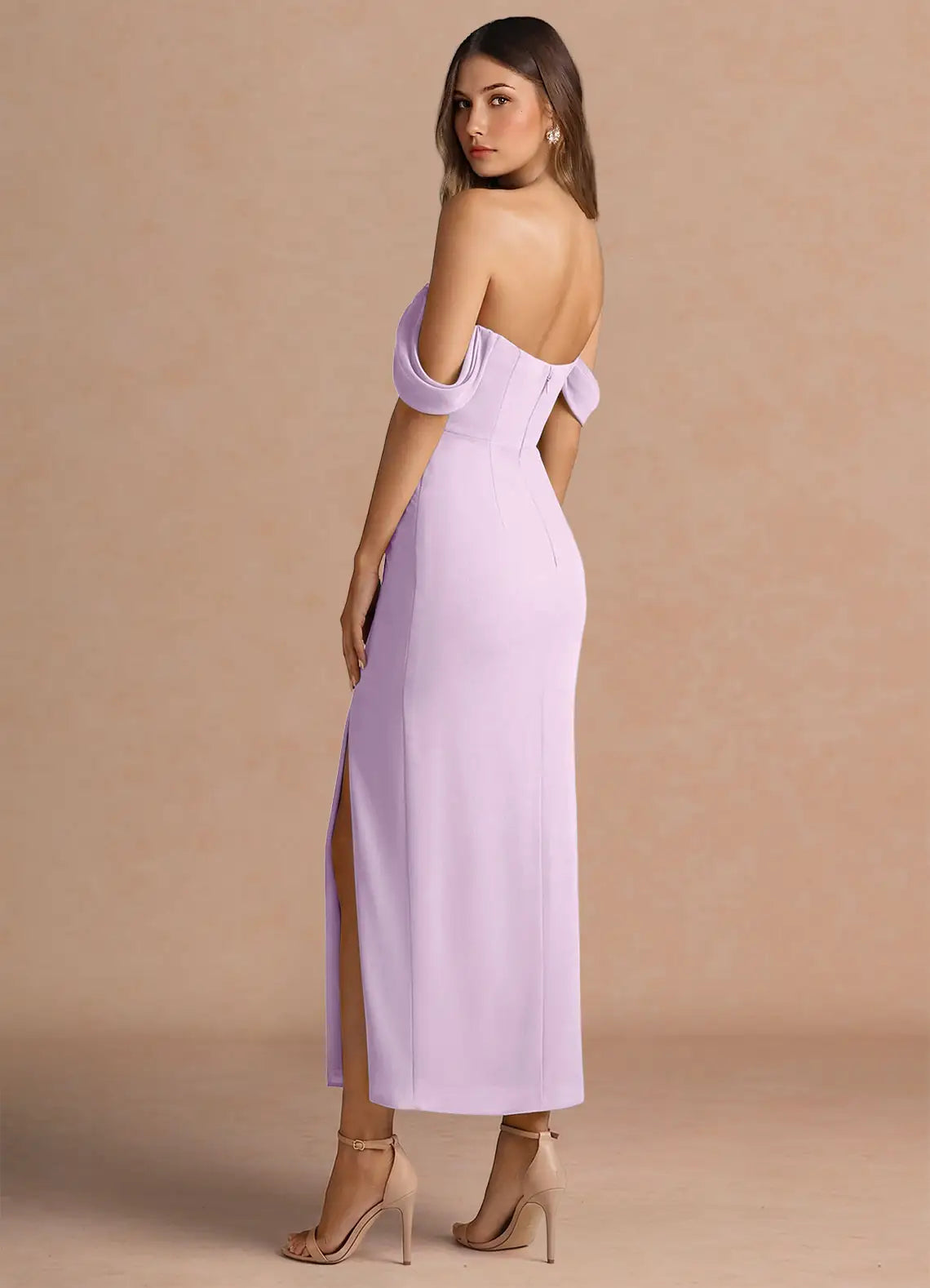 Lavender Off The Shoulder Fold Midi High Slit Chiffon Bridesmaid Dress