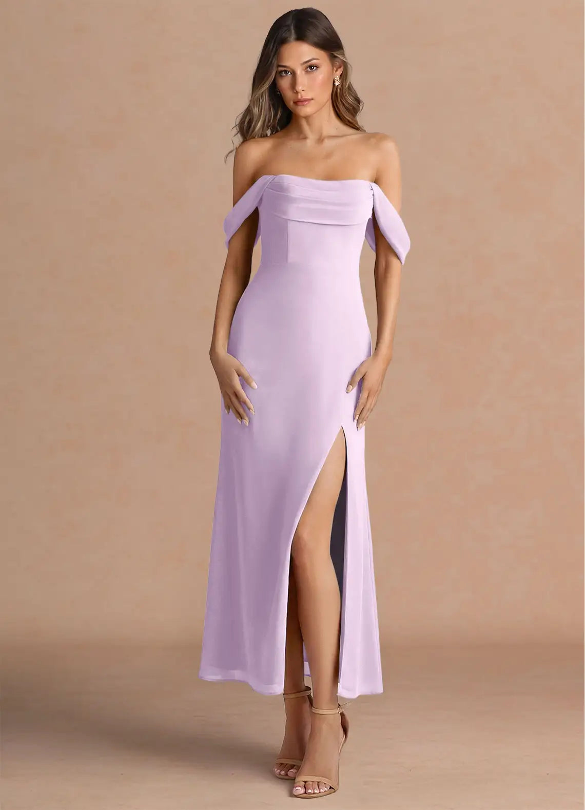 Lavender Off The Shoulder Fold Midi High Slit Chiffon Bridesmaid Dress