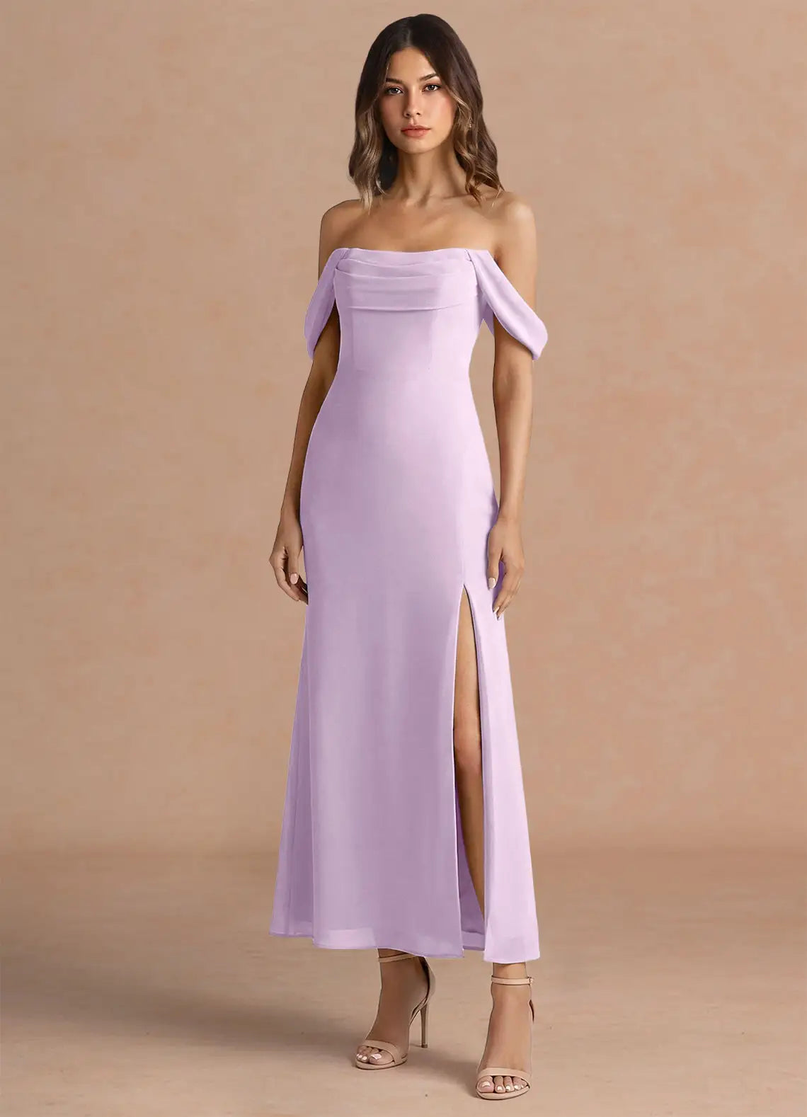 Lavender Off The Shoulder Fold Midi High Slit Chiffon Bridesmaid Dress