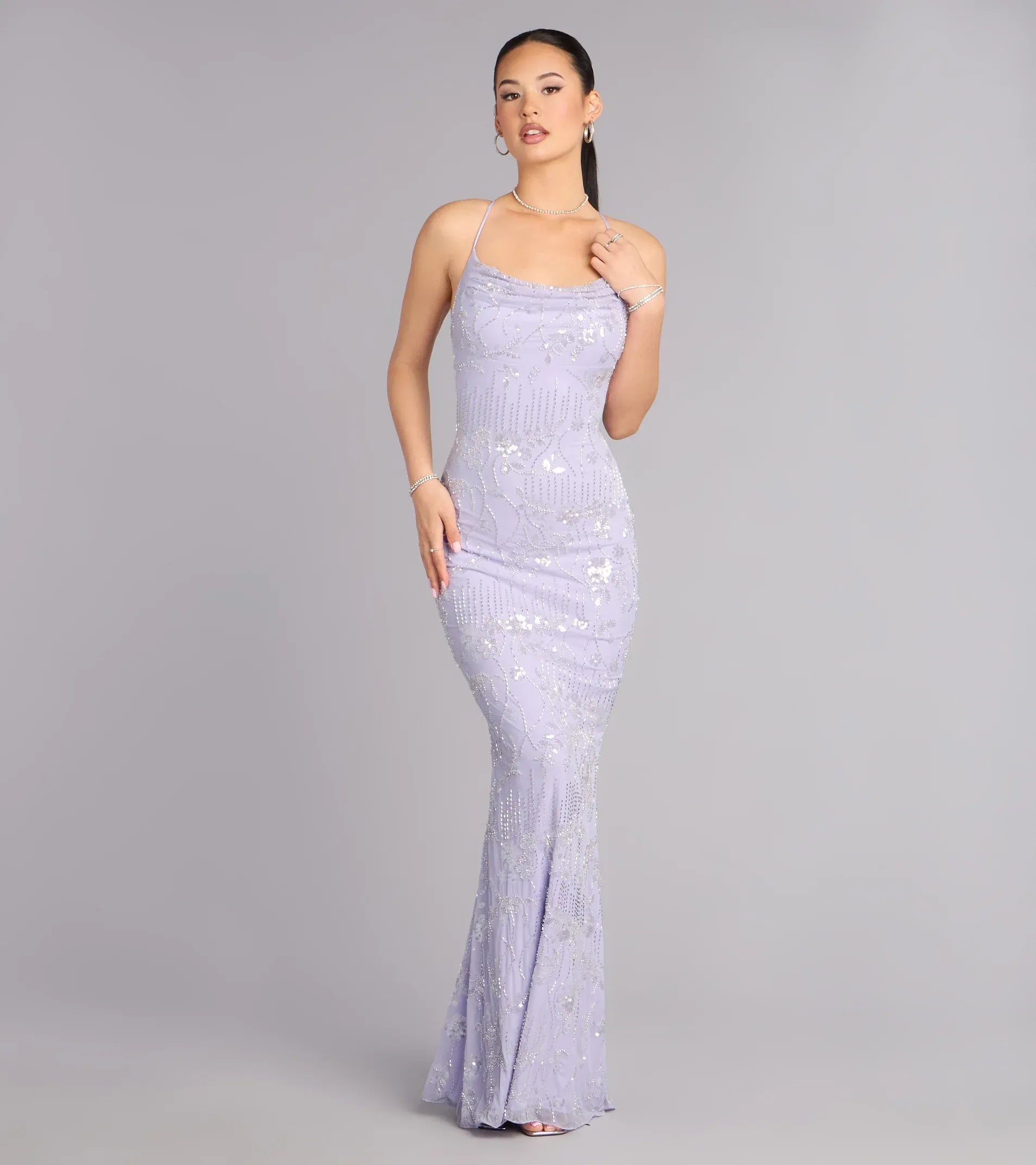 Lavender Spaghetti Strap Cowl Lace-Up Back Beaded Mermaid Maxi Wedding Guest Dress
