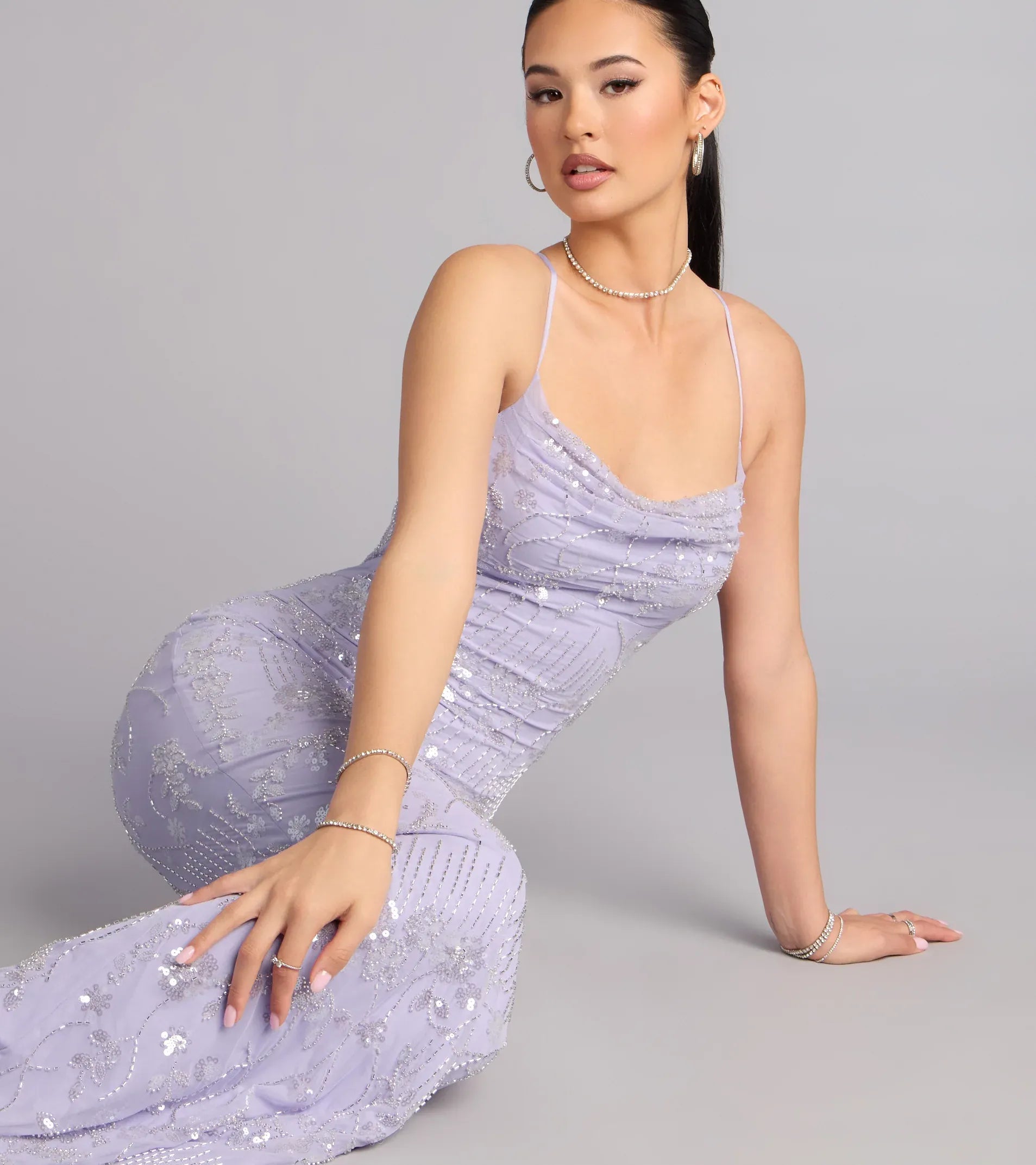 Lavender Spaghetti Strap Cowl Lace-Up Back Beaded Mermaid Maxi Wedding Guest Dress