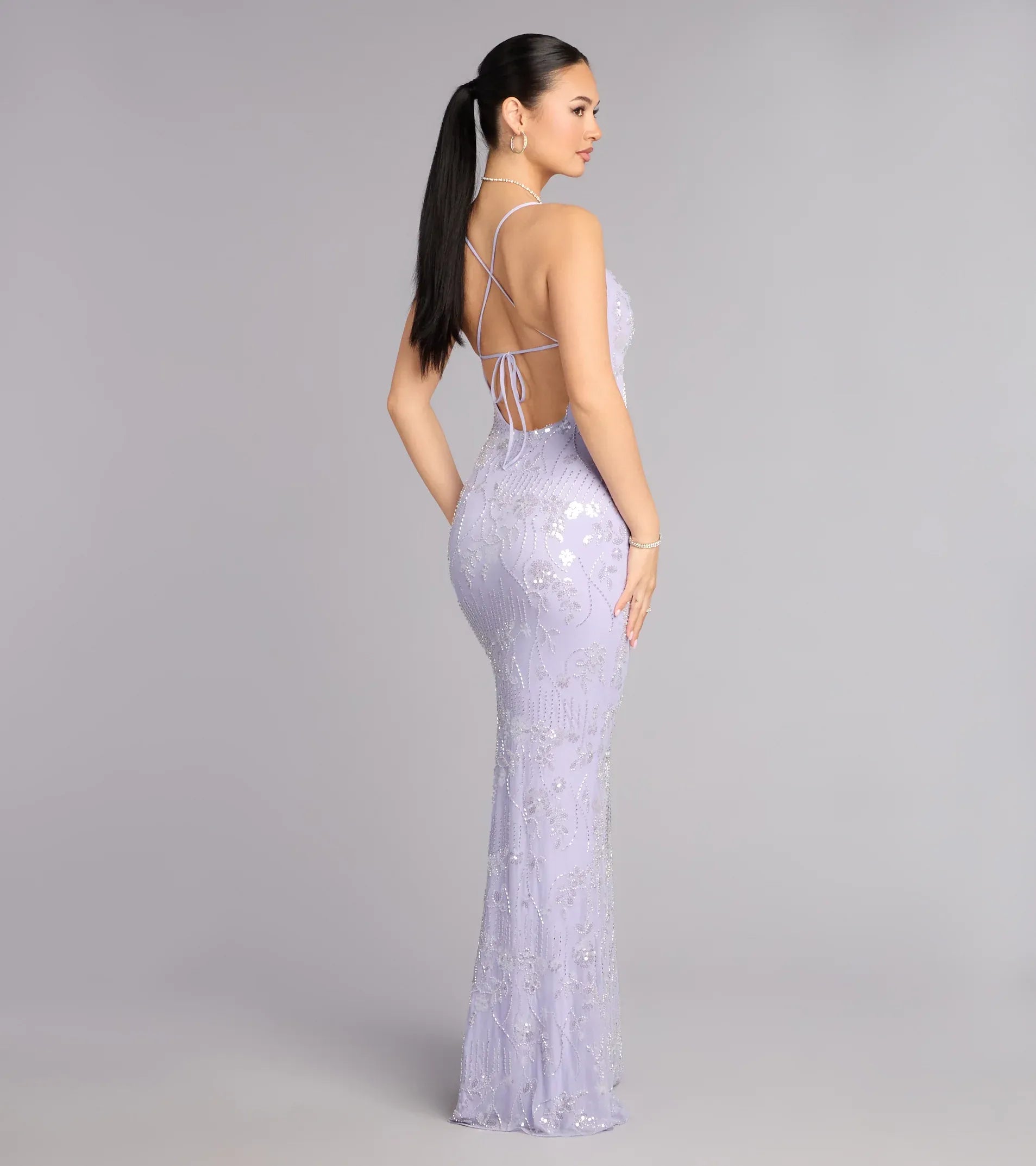 Lavender Spaghetti Strap Cowl Lace-Up Back Beaded Mermaid Maxi Wedding Guest Dress