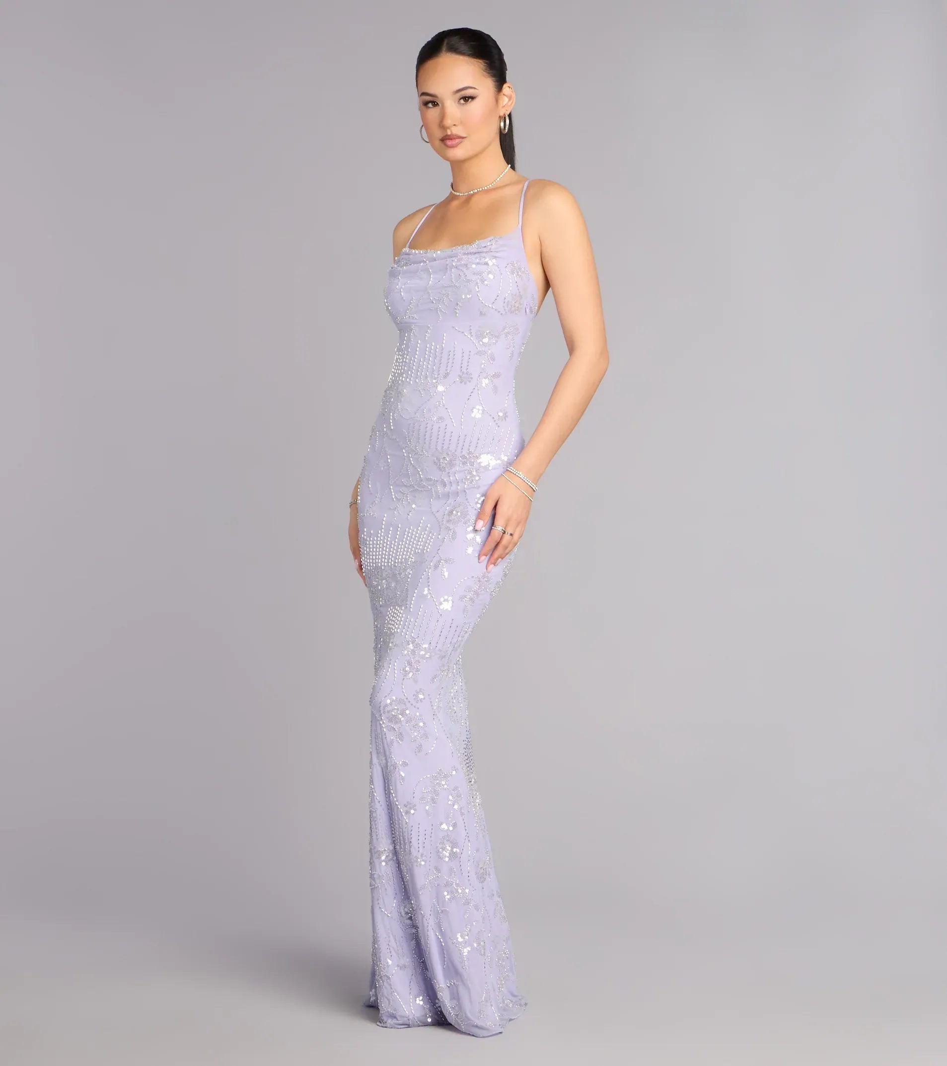 Lavender Spaghetti Strap Cowl Lace-Up Back Beaded Mermaid Maxi Wedding Guest Dress