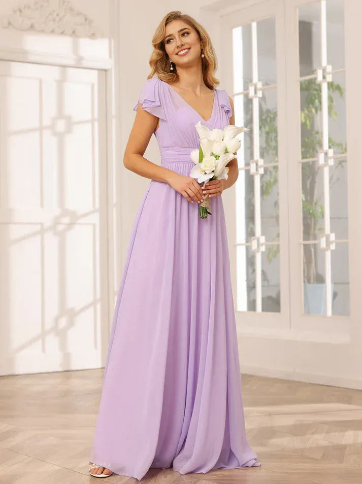 Lavender Chiffon Ruffled‑Cold‑Shoulder V‑Neck Deep‑V‑Back Empire‑Waist A‑Line Bridesmaid Dresses