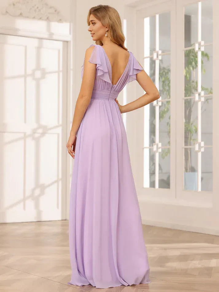 Lavender Chiffon Ruffled‑Cold‑Shoulder V‑Neck Deep‑V‑Back Empire‑Waist A‑Line Bridesmaid Dresses