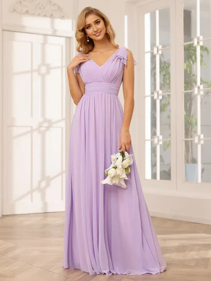 Lavender Chiffon Ruffled‑Cold‑Shoulder V‑Neck Deep‑V‑Back Empire‑Waist A‑Line Bridesmaid Dresses