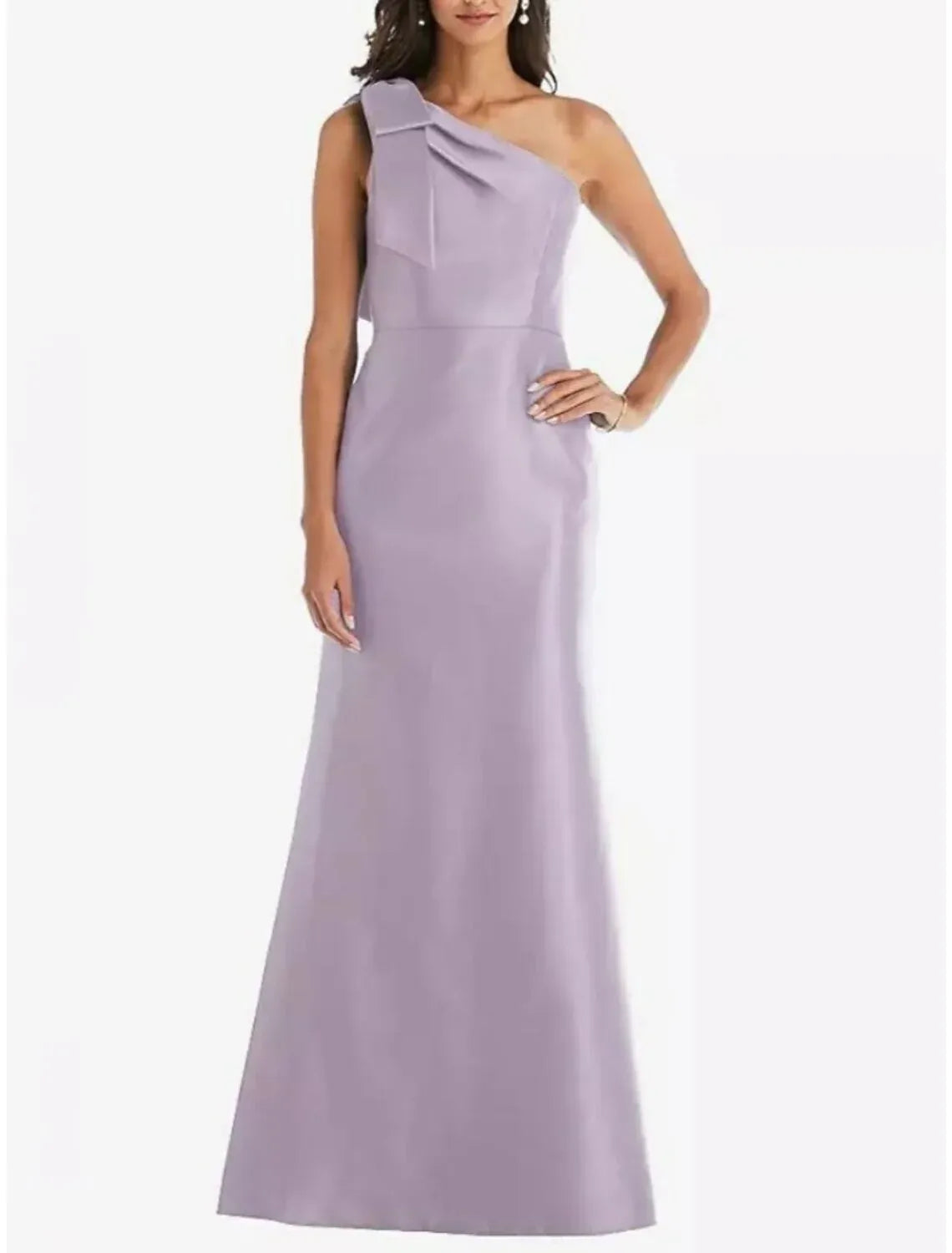 Lavender‑Purple Satin One‑Shoulder Bow‑Detail Mermaid Bridesmaid Dresses