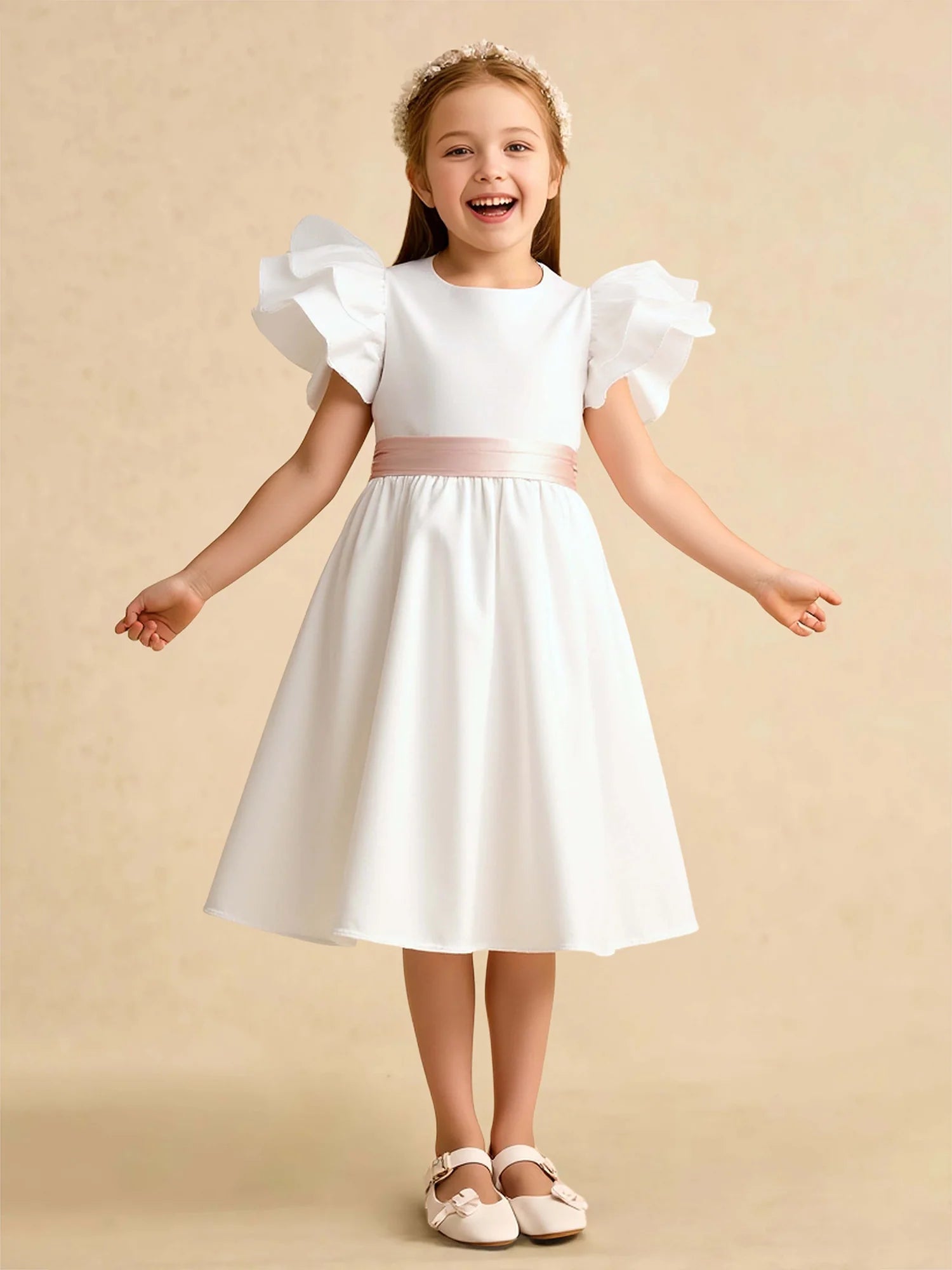 Layered Ruffle Cap Sleeve Round V Back Dusty Pink Sash Big Bow White Midi Flower Girl Dresses