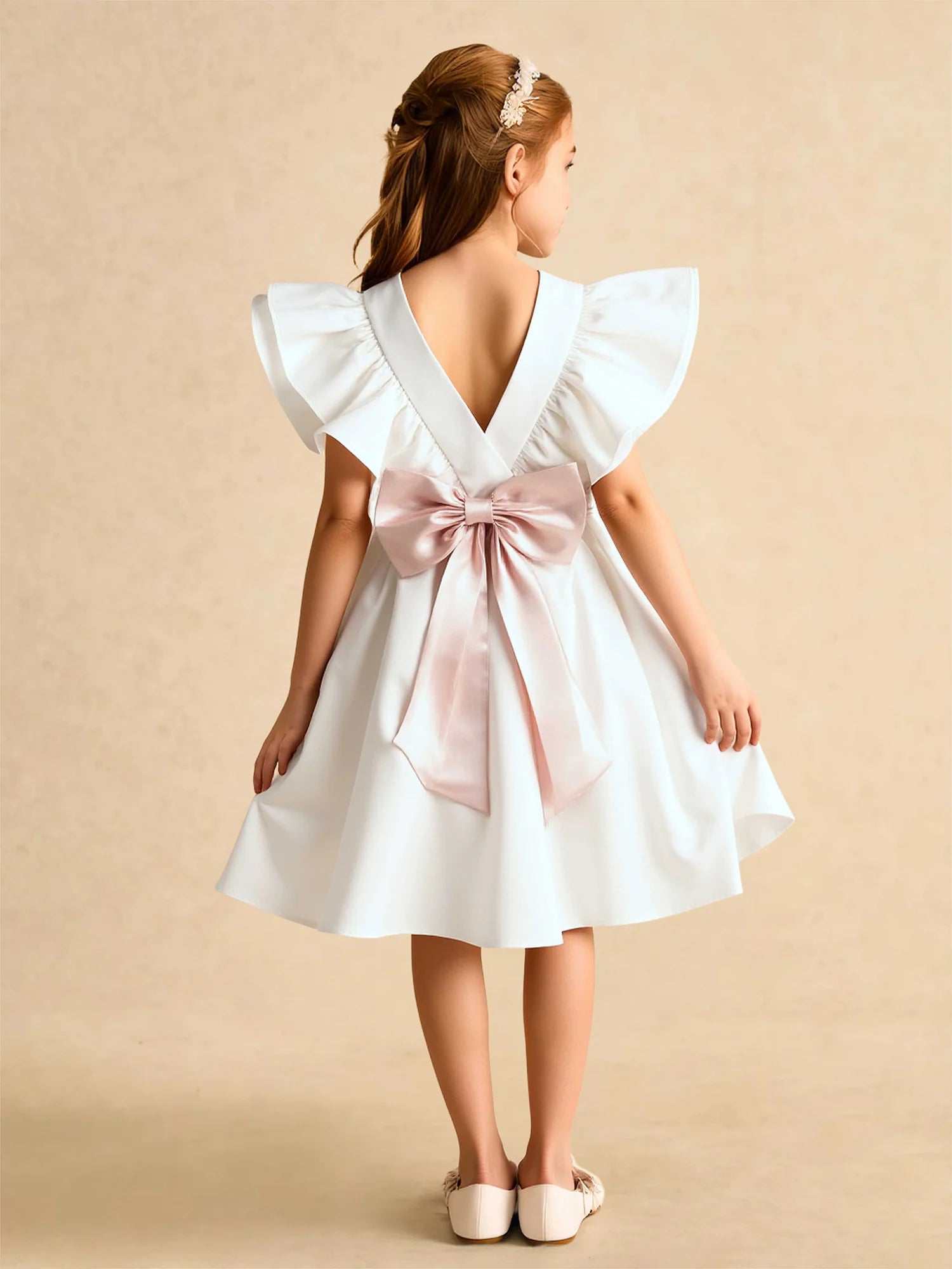 Layered Ruffle Cap Sleeve Round V Back Dusty Pink Sash Big Bow White Midi Flower Girl Dresses