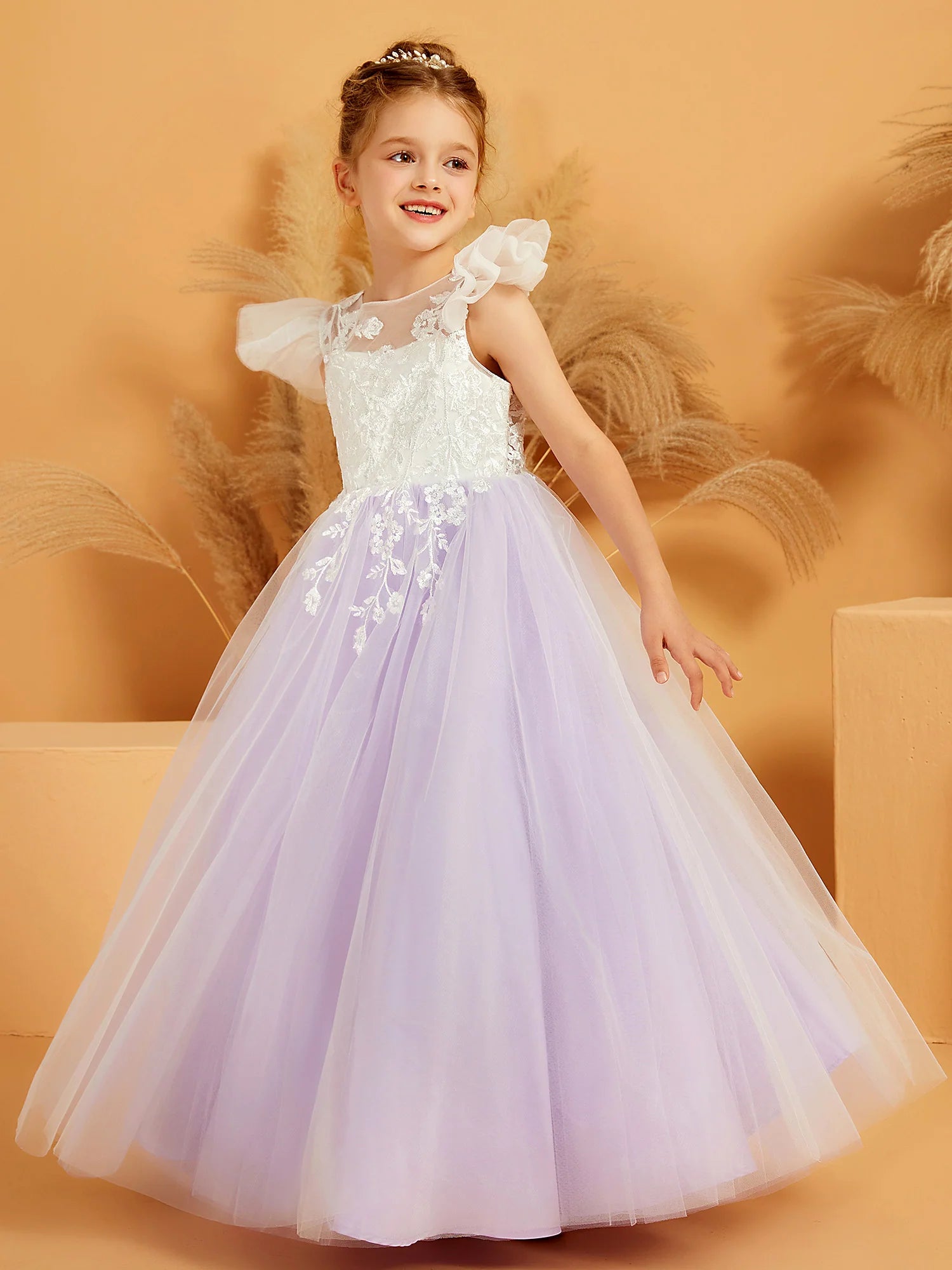 Puff Ruffle Cap Sleeve Floral Lace V Back Train Lavender Tulle Floor Length Flower Girl Dresses