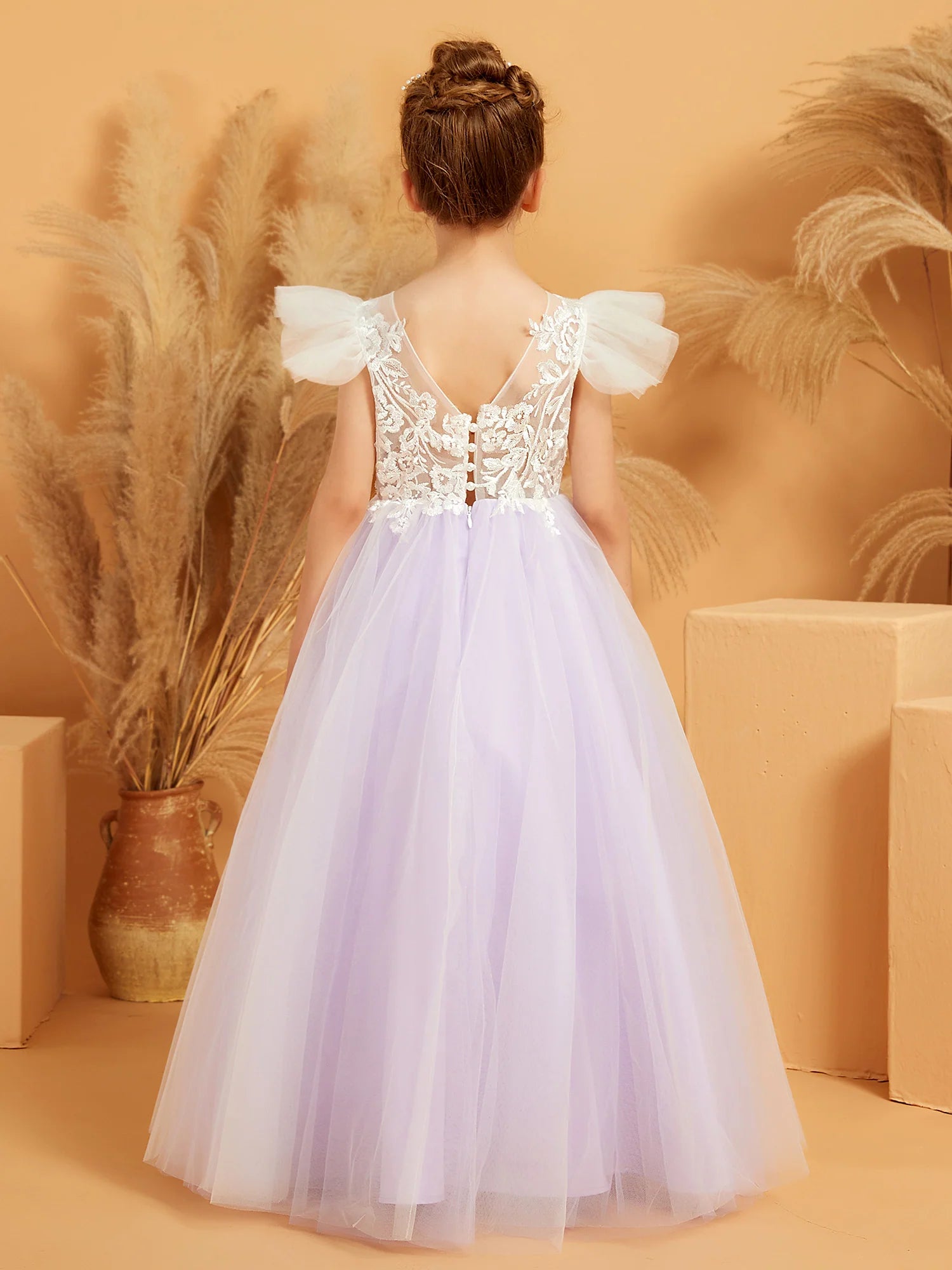 Puff Ruffle Cap Sleeve Floral Lace V Back Train Lavender Tulle Floor Length Flower Girl Dresses