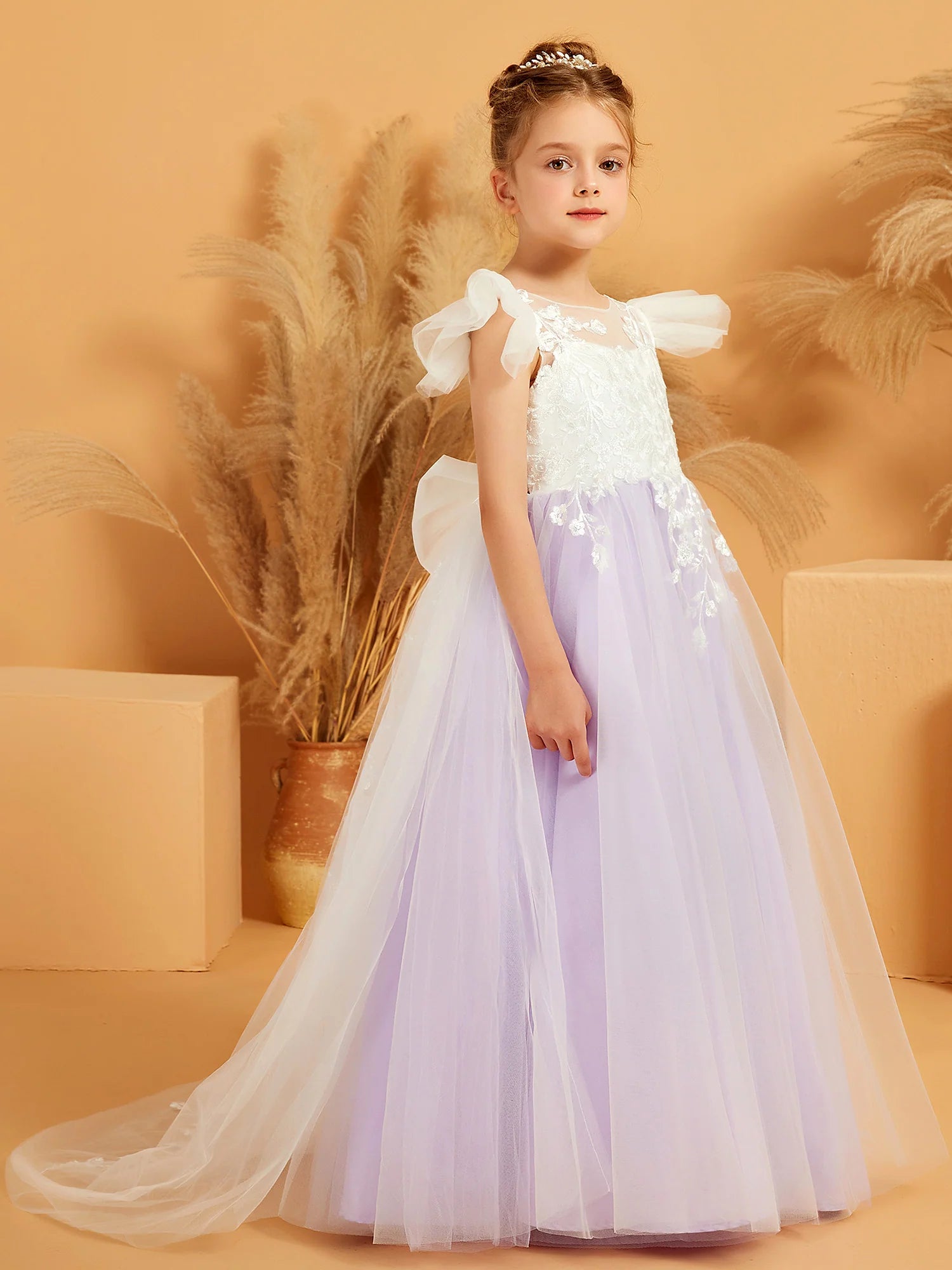 Puff Ruffle Cap Sleeve Floral Lace V Back Train Lavender Tulle Floor Length Flower Girl Dresses