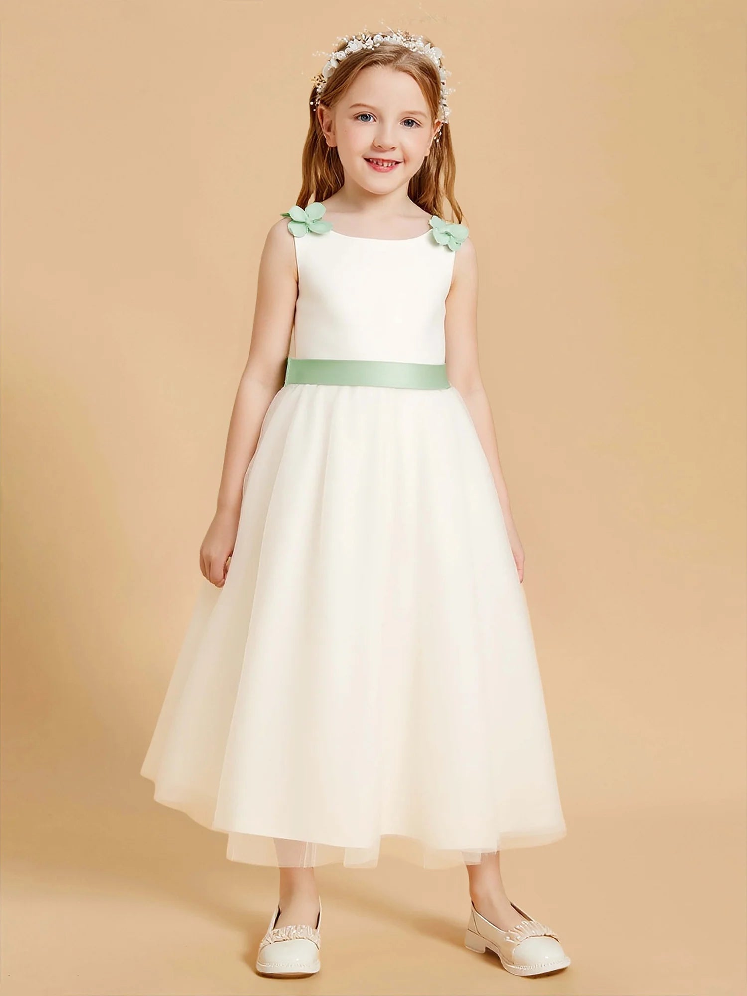 Leaf Petal Strap Square Neck Mint Green Sash & Big Back Bow Ivory Tulle Midi Flower Girl Dresses
