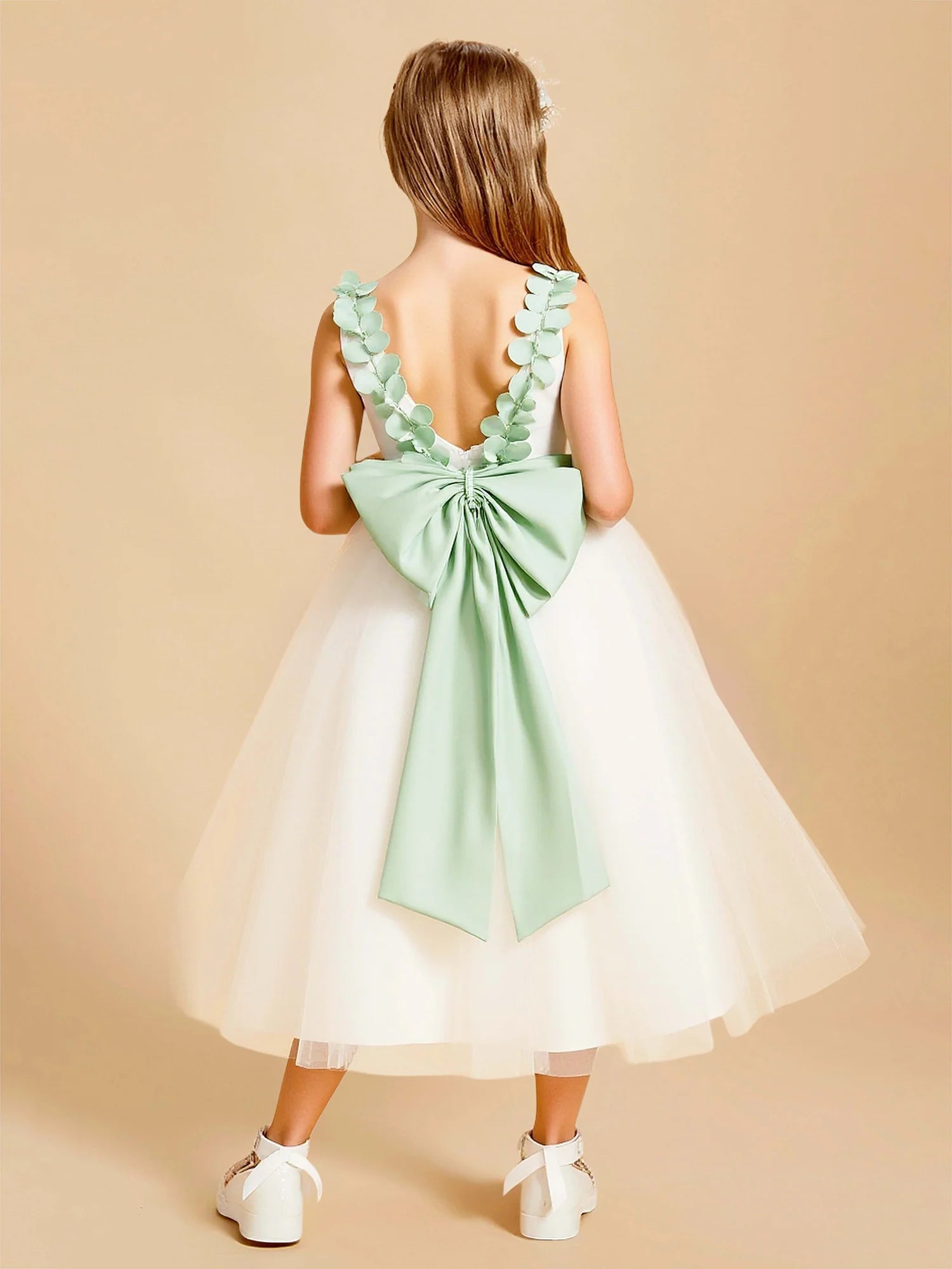 Leaf Petal Strap Square Neck Mint Green Sash & Big Back Bow Ivory Tulle Midi Flower Girl Dresses