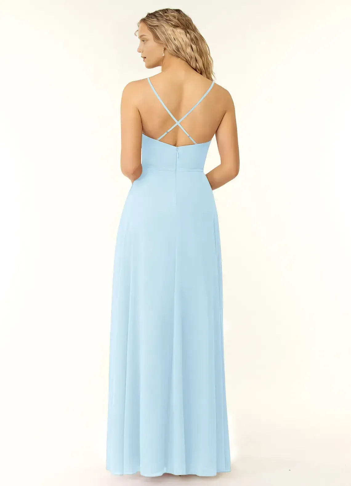 Light Blue A-Line Sweetheart Spaghetti Strap Crisscross-Back Slit Maxi Bridesmaid Dress