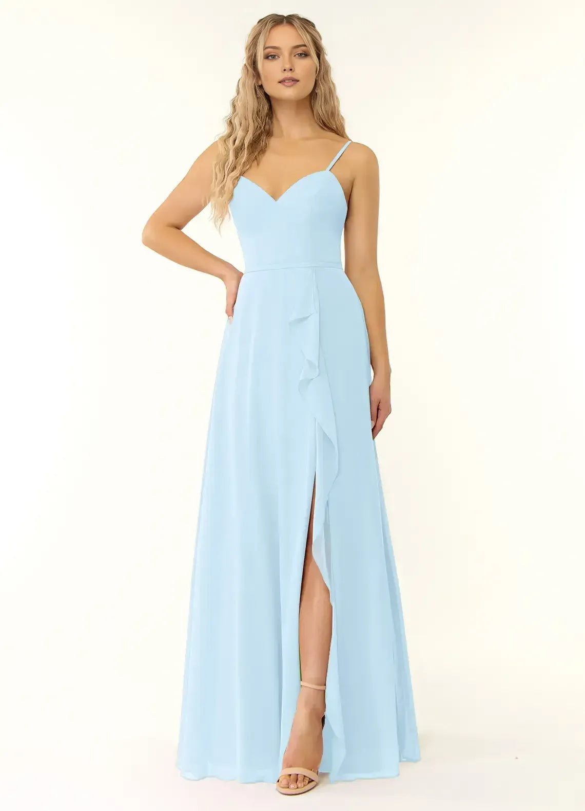 Light Blue A-Line Sweetheart Spaghetti Strap Crisscross-Back Slit Maxi Bridesmaid Dress