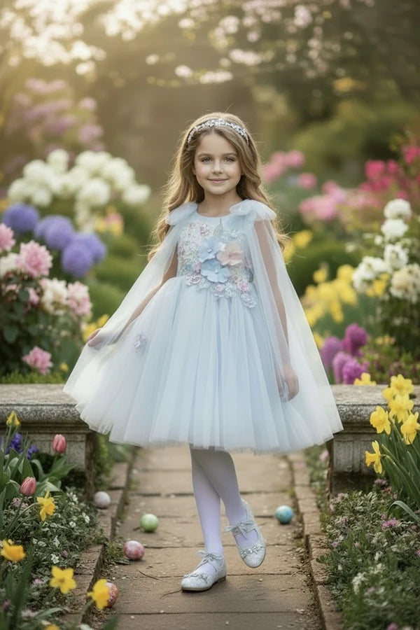 Light Blue Cape Tulle A Line Round Neck Sleeveless Butterfly Back Knee Length Floral Flower Girl Dress