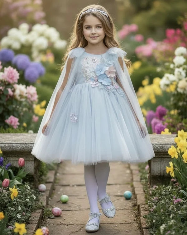 Light Blue Cape Tulle A Line Round Neck Sleeveless Butterfly Back Knee Length Floral Flower Girl Dress