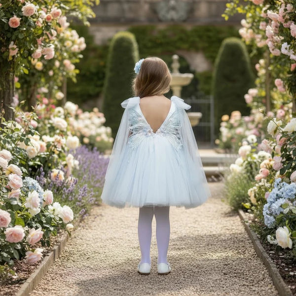 Light Blue Cape Tulle A Line Round Neck Sleeveless Butterfly Back Knee Length Floral Flower Girl Dress