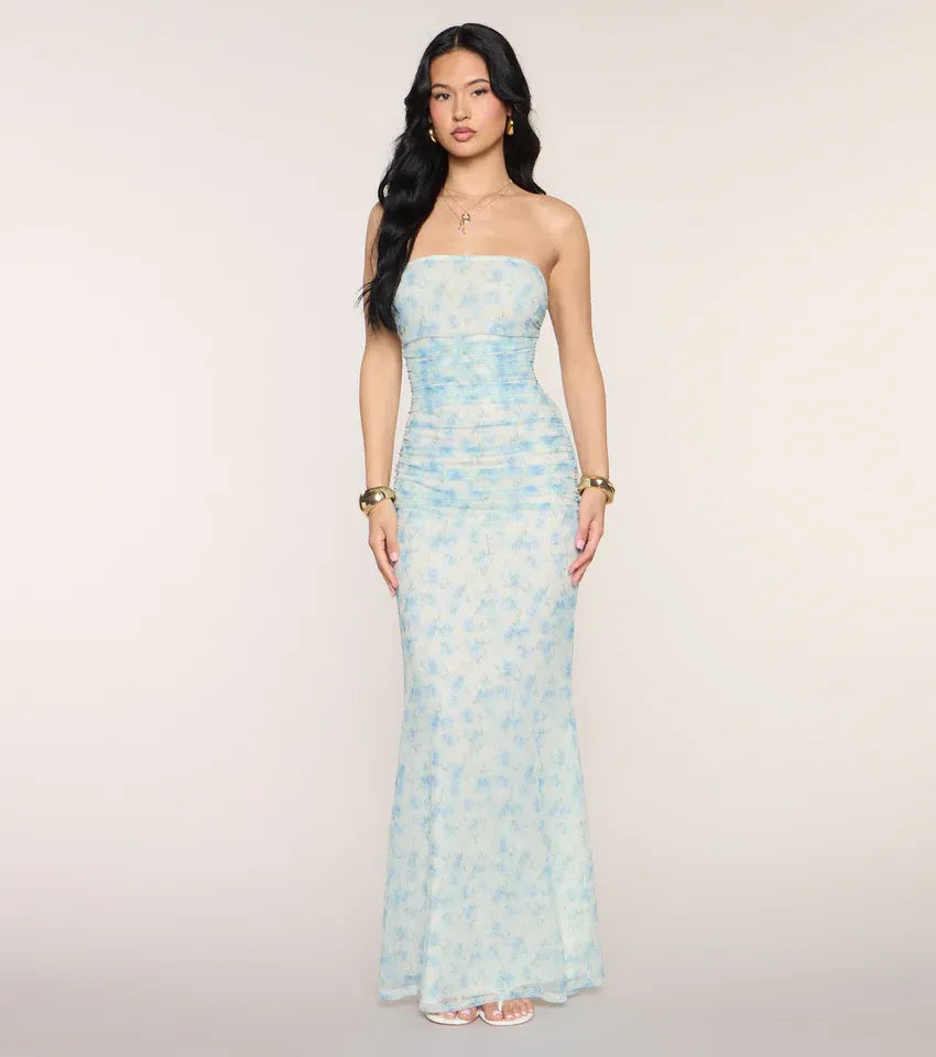 Light Blue Floral Strapless Ruched Mesh Mermaid Maxi Wedding Guest Dress