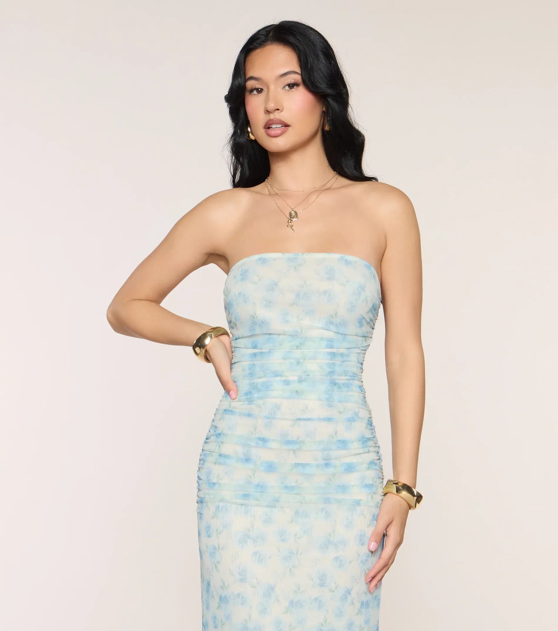 Light Blue Floral Strapless Ruched Mesh Mermaid Maxi Wedding Guest Dress