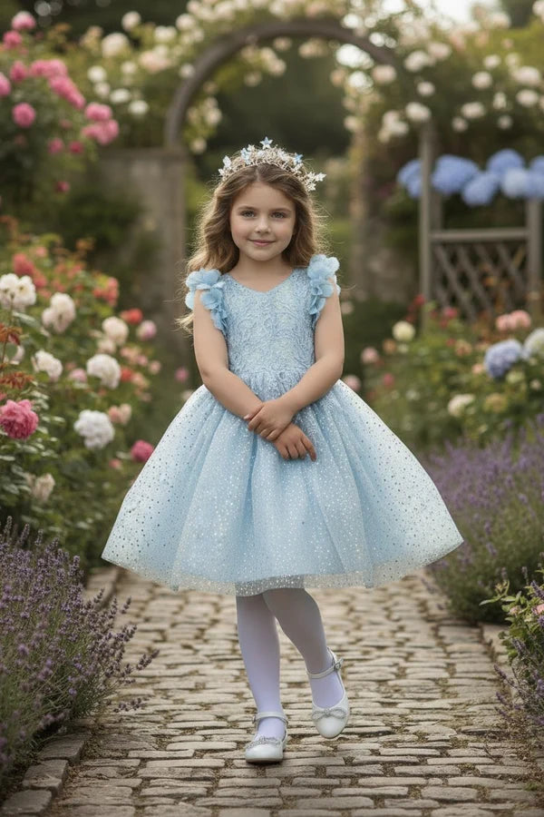 Light Blue Glitter Tulle A Line V Neck Sleeveless Floral Ruffle Shoulder Plain Back Knee Length Flower Girl Dress