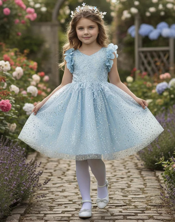 Light Blue Glitter Tulle A Line V Neck Sleeveless Floral Ruffle Shoulder Plain Back Knee Length Flower Girl Dress