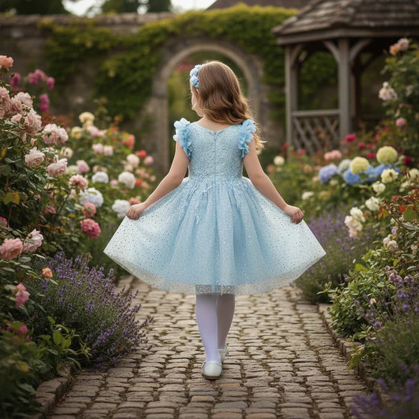 Light Blue Glitter Tulle A Line V Neck Sleeveless Floral Ruffle Shoulder Plain Back Knee Length Flower Girl Dress