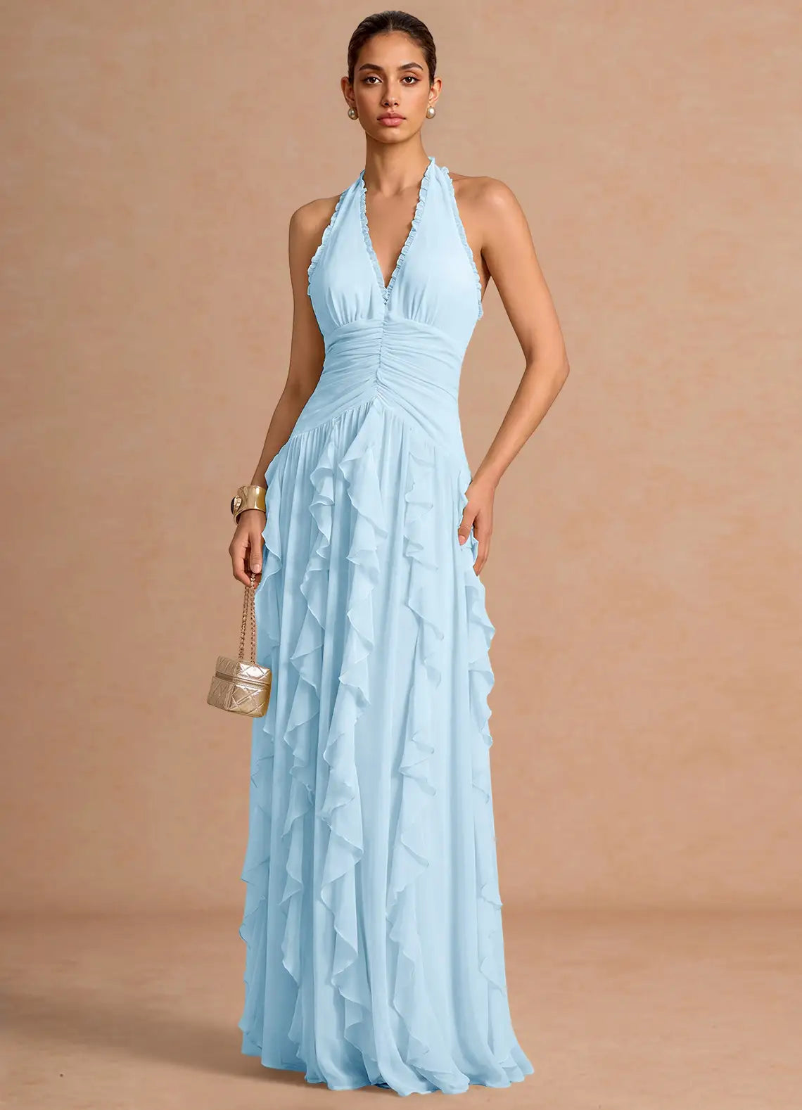 Light Blue Halter V Neck Ruched Ruffle Chiffon Open Back Maxi Bridesmaid Dress