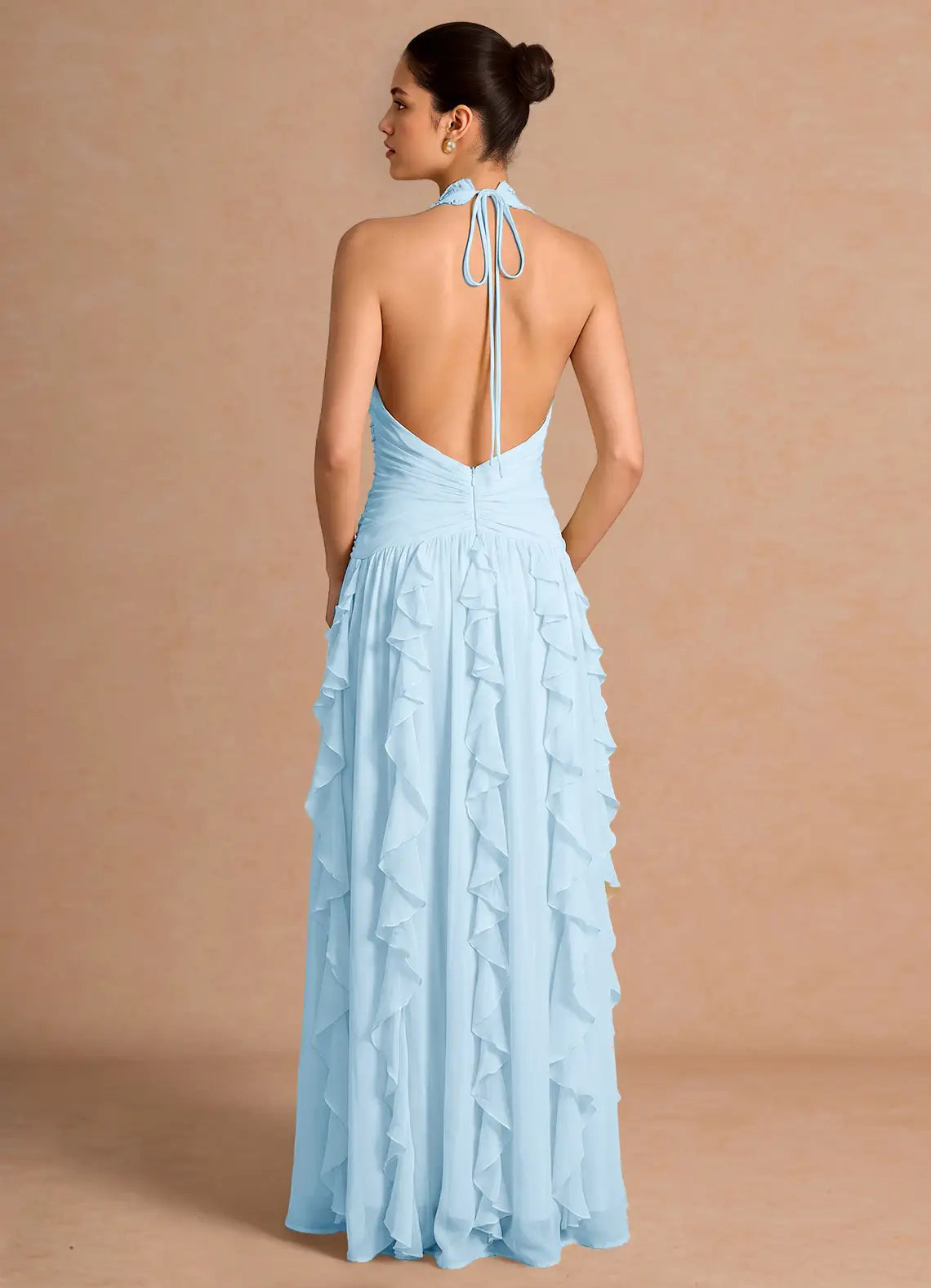 Light Blue Halter V Neck Ruched Ruffle Chiffon Open Back Maxi Bridesmaid Dress
